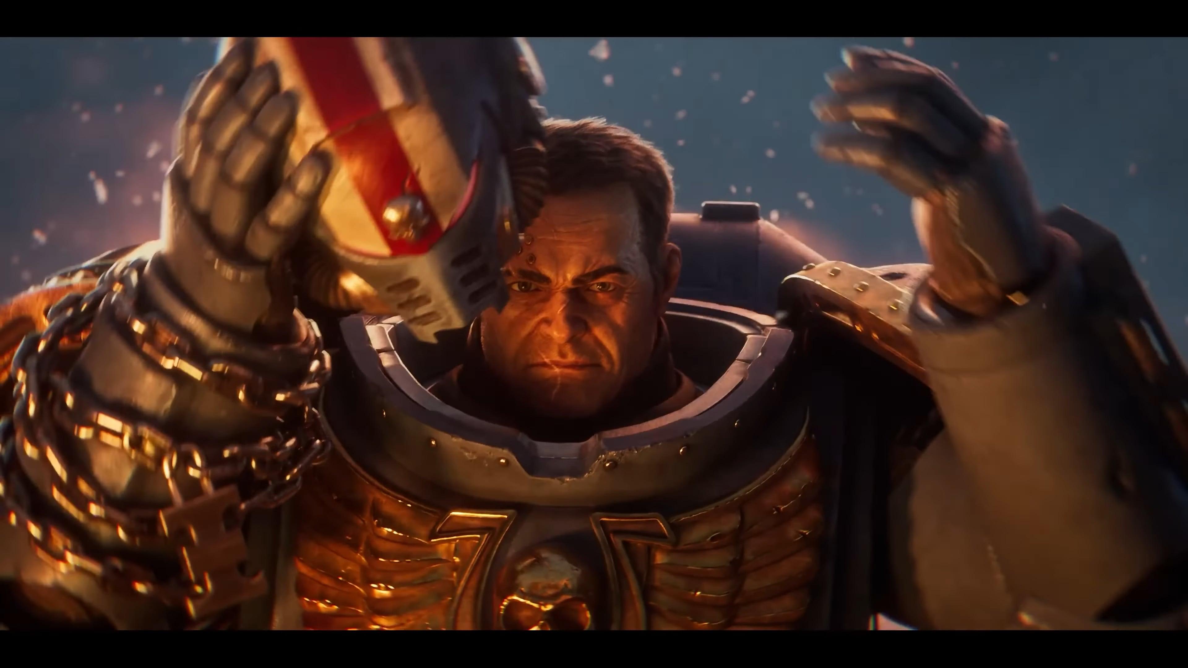 Titus (Clive Standen) dons his helmet in Warhammer 40,000: Space Marine 2 (2024), Saber Interactive