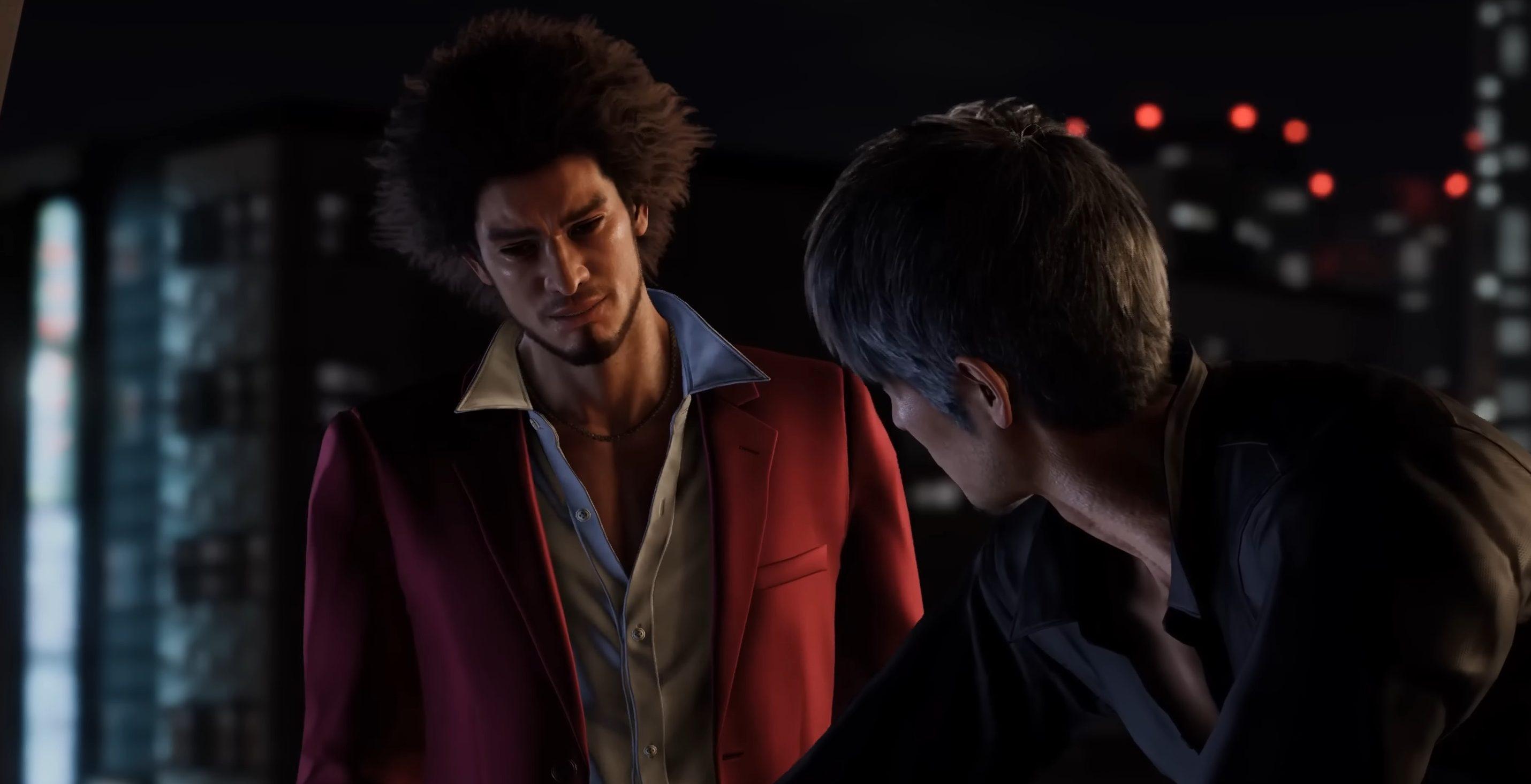 Ichiban (Kazuhiro Nakaya) asks Kiryu (Takaya Kuroda) for advice in Like A Dragon: Infinite Wealth (2024), RGG Studios