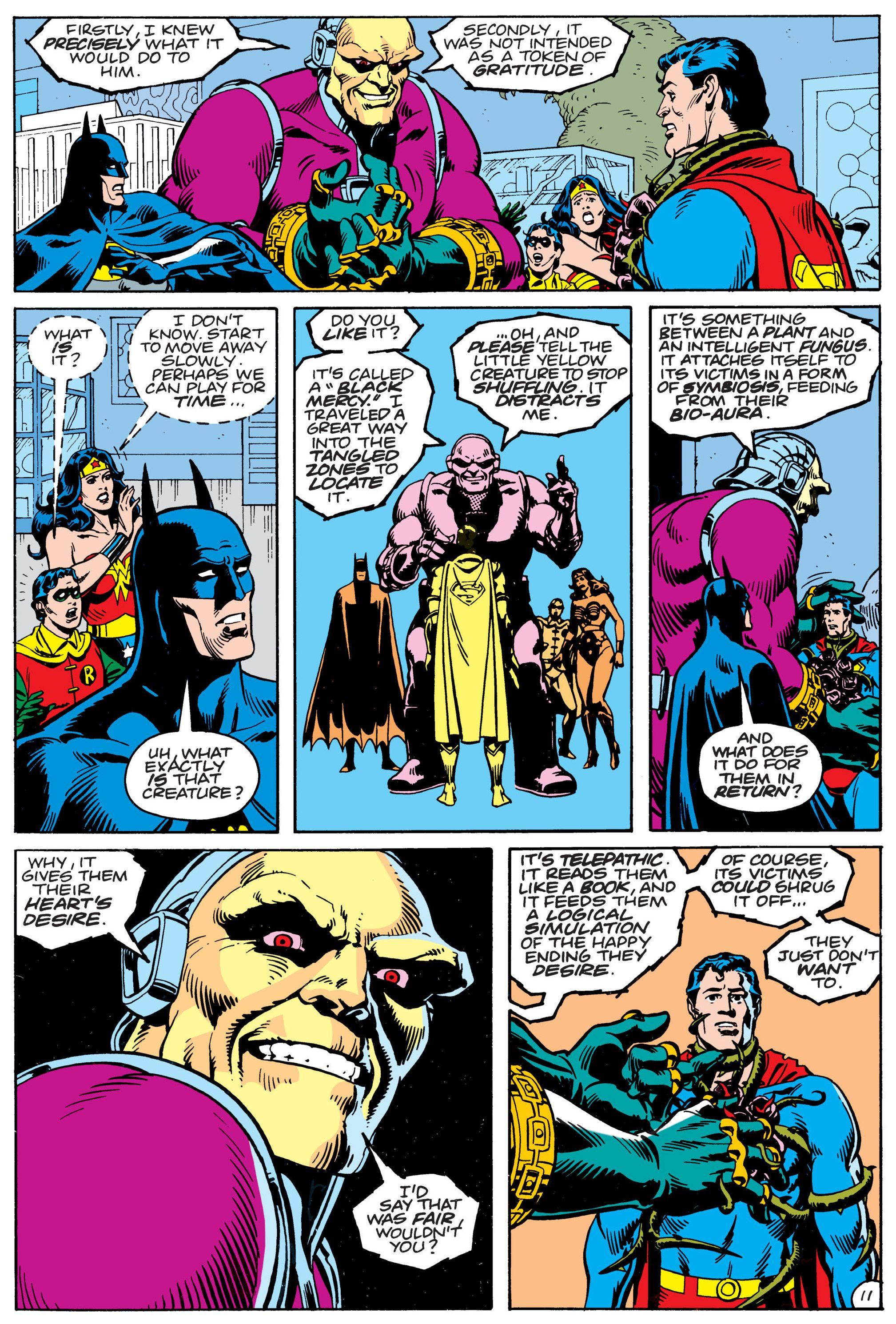 Mongul explains how the Black Mercy gives those affected a glimpse into their heart's desire in Superman Annual #11 "For the Man Who Has Everything" (1985), DC Comics. Words by Alan Moore, art by Dave Gibbons and Tom Ziuko.