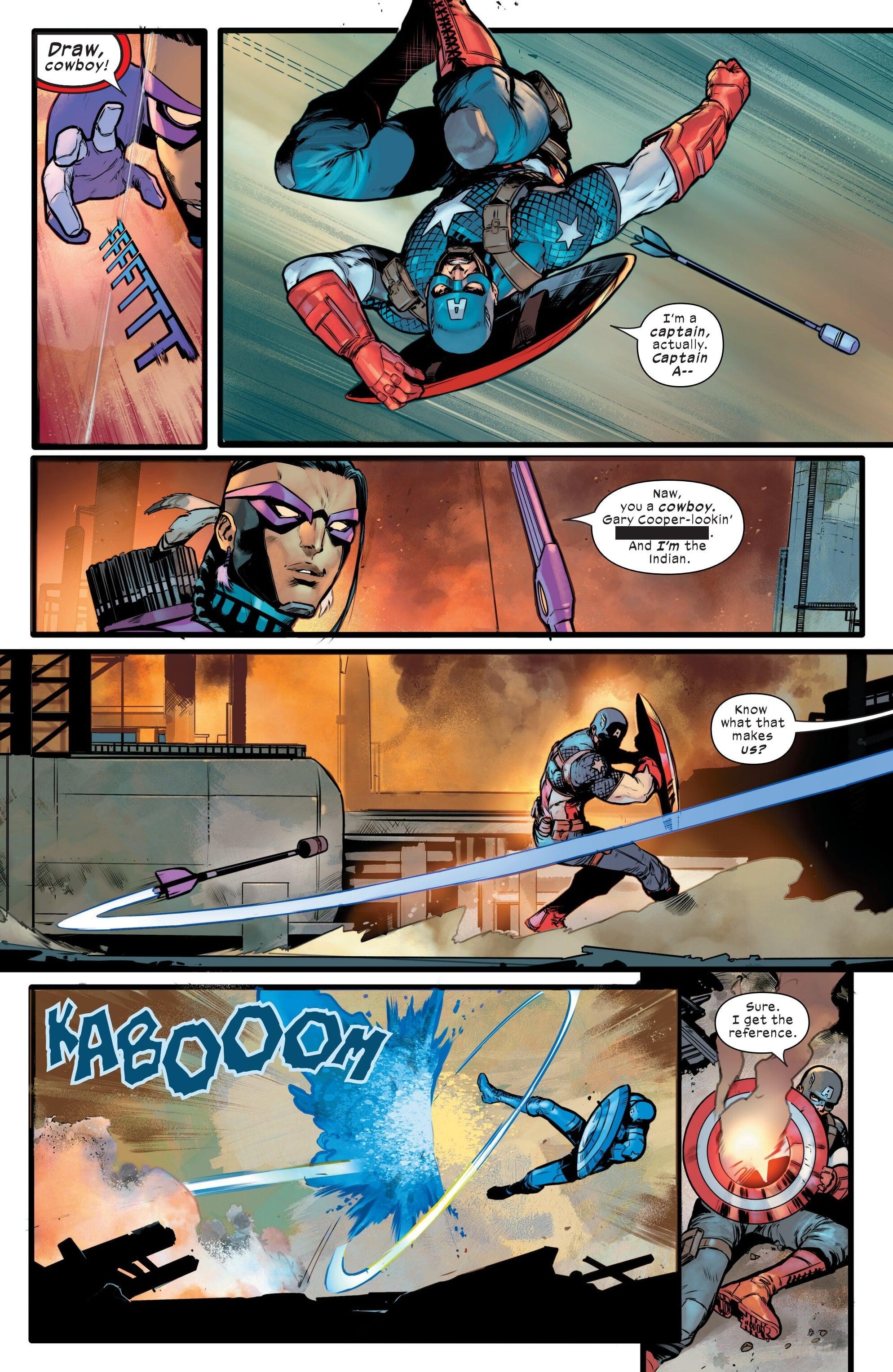Captain America meets the new Hawkeye in Ultimates Vol. 3 #5 (2024), Marvel Comics. Words by Deniz Camp, art by Juan Frigeri, Federico Blee, and Travis Lanham.