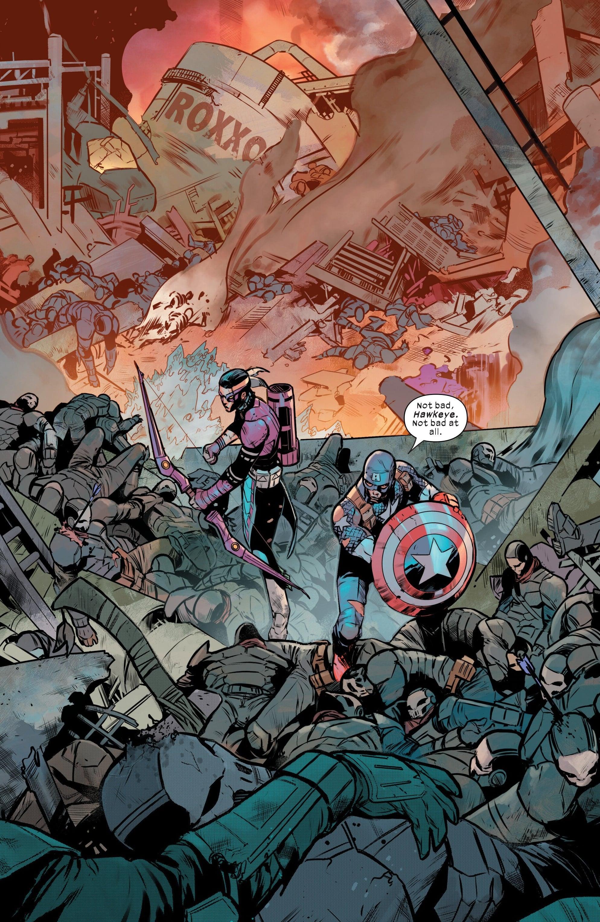 Captain America and Hawkeye stand victorious against Roxxon in Ultimates Vol. 3 #5 (2024), Marvel Comics. Words by Deniz Camp, art by Juan Frigeri, Federico Blee, and Travis Lanham.