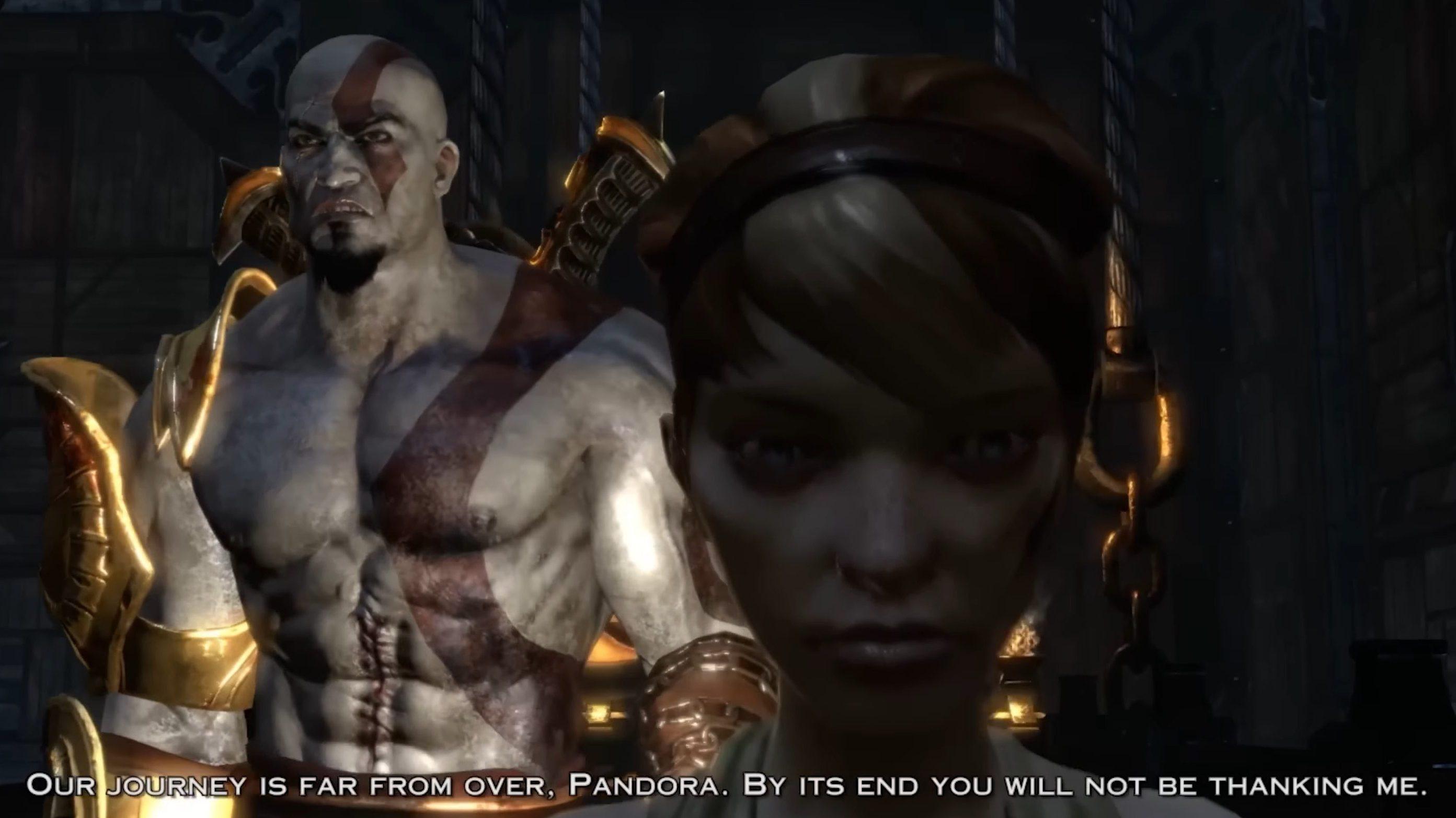 Kratos (TC Carson) has a warning for Pandora (Natalie Lander) in God of War III (2010), Sony Santa Monica Studios