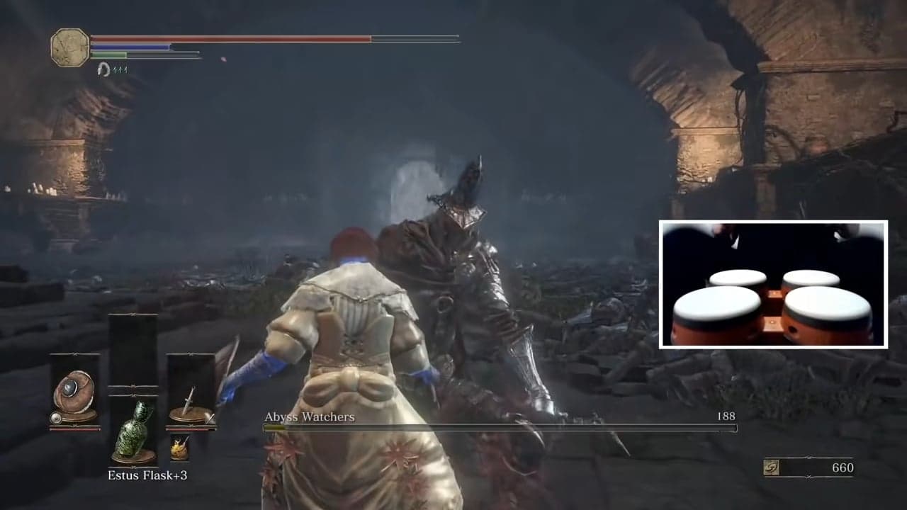 ZeroLenny soloing the Abyss Watchers with a DK Bongo setup in Dark Souls 3 (2016), Bandai Namco.