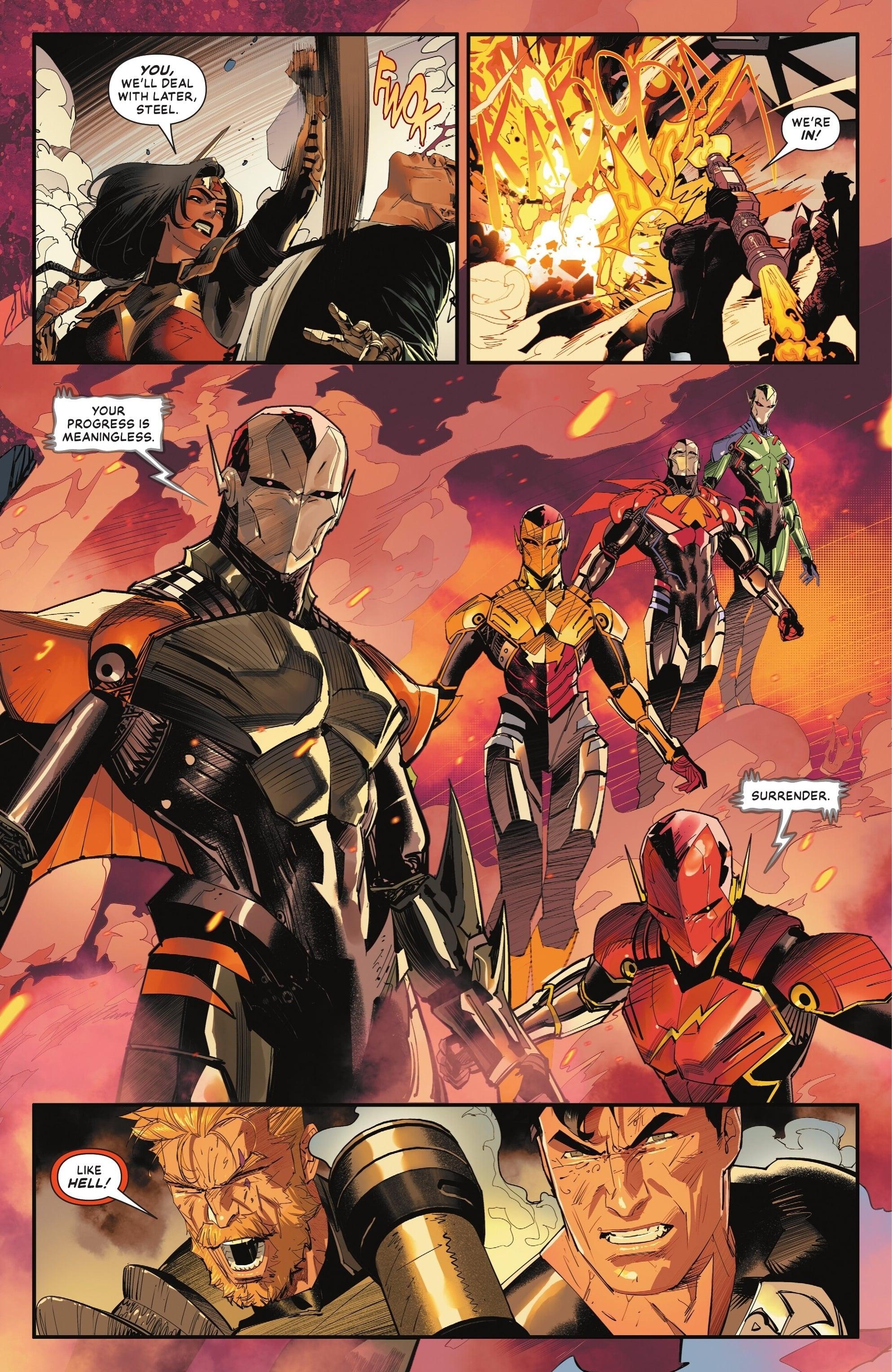 The Justice League readies themselves to take on Task Force VII in Absolute Power Vol. 1 #1 (2024), DC. Words by Mark Waid, art by Dan Mora, Alejandro Sánchez, and Ariana Maher.