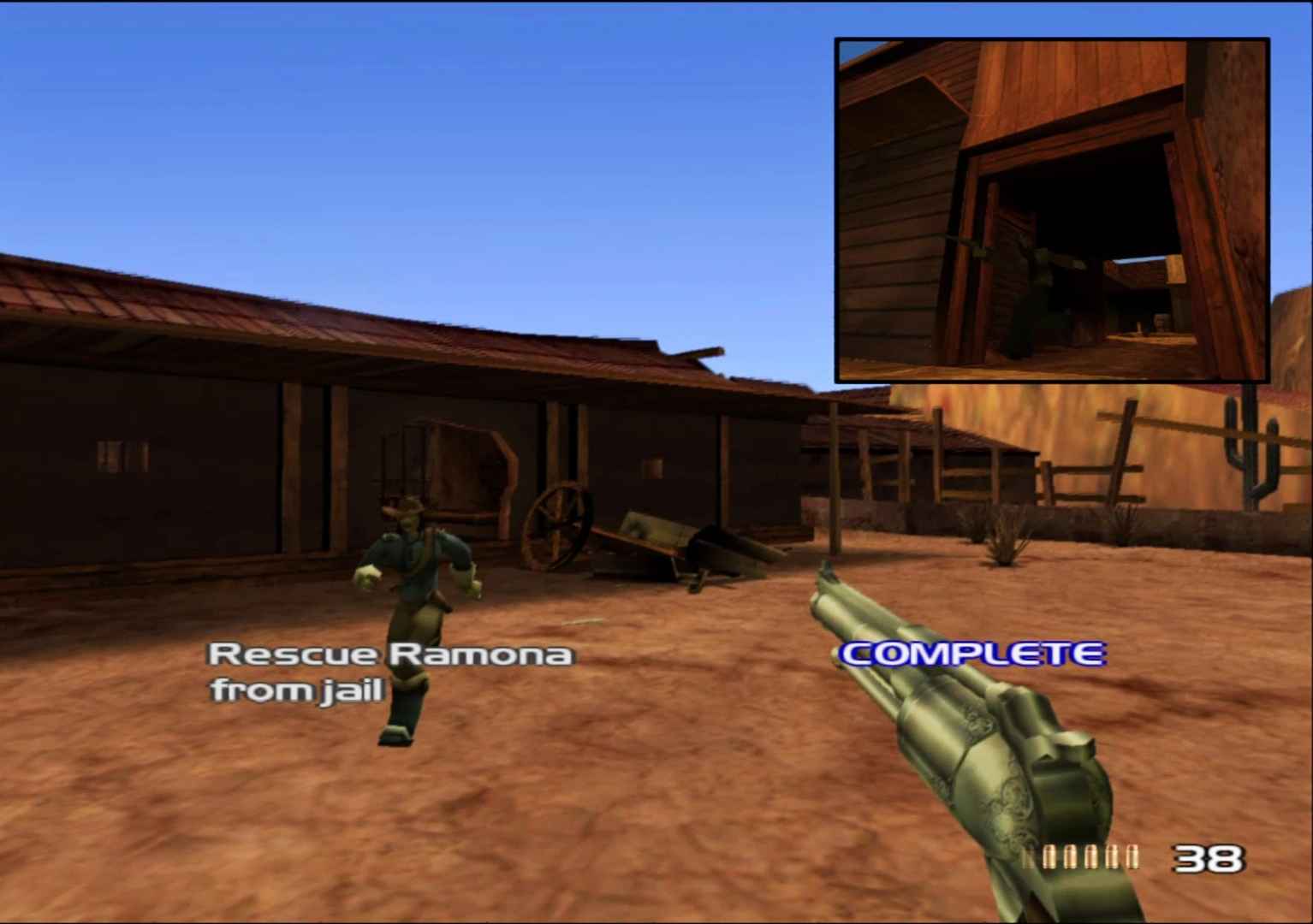 The player as Elijah Jones saving Deputy Ramona from her own jail in TimeSplitters 2 (2002), Eidos Interactive.