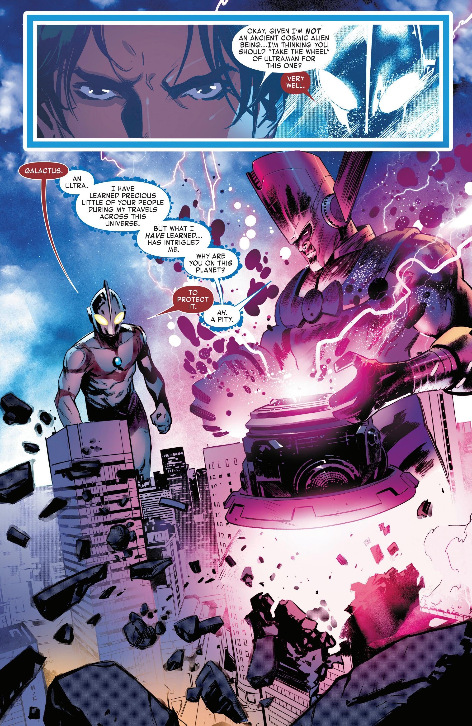 Ultraman has words with Galactus in Ultraman X The Avengers Vol. 1 #2 (2024), Marvel Comics. Words by Kyle Higgins and Mat Groom, art by Francesco Manna, Matt Milla, and Ariana Maher.