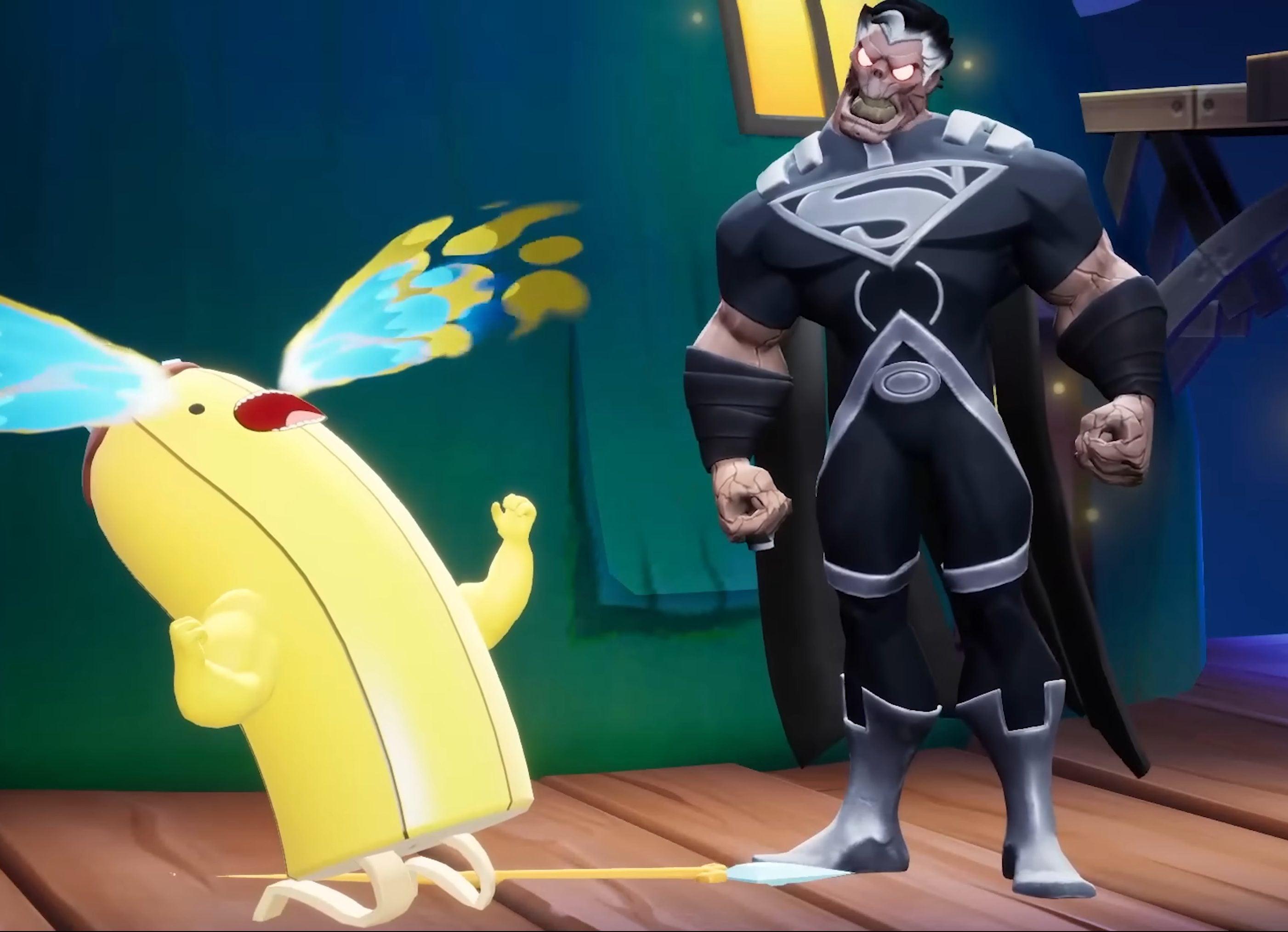 A Banana Guard (AUsten Moret) prepares to meet his end at the hands of Black Lantern Superman (George Newburn) in MultiVersus (2022), Warner Bros. Games