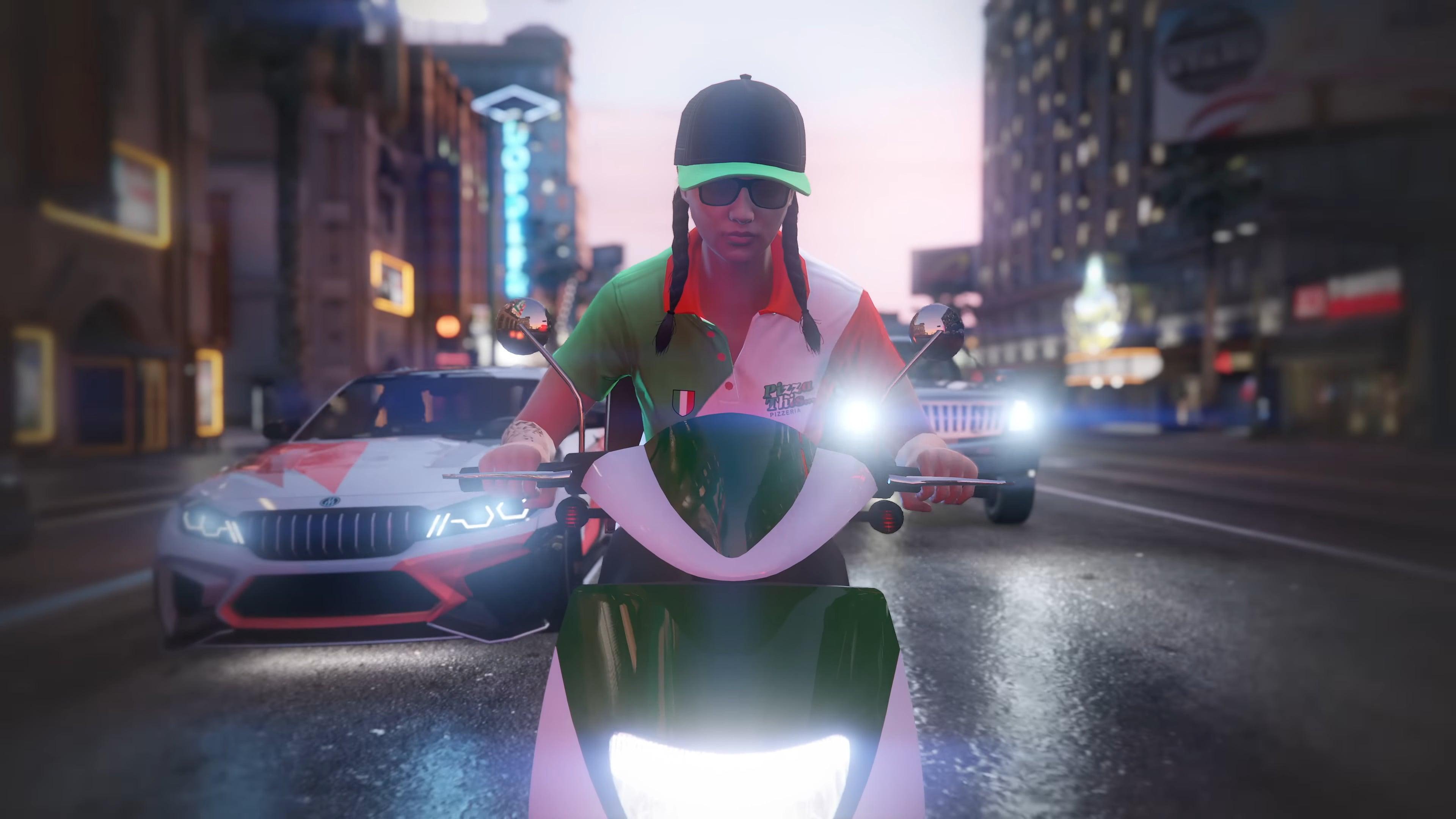 A player sets out to fulfill a pizza order in Grand Theft Auto Online (2013), Rockstar Games