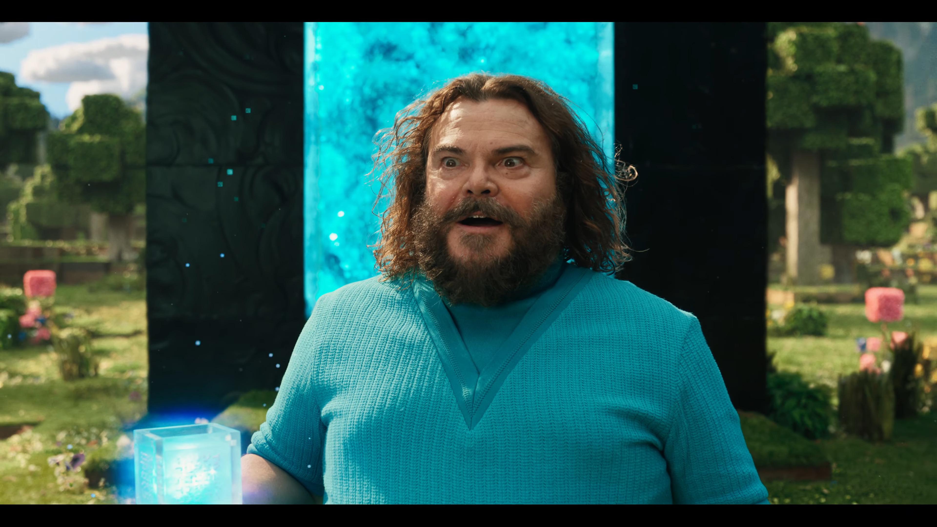 Steve (Jack Black) breaks through the barrier of reality in Minecraft (2025), Warner Bros. Pictures