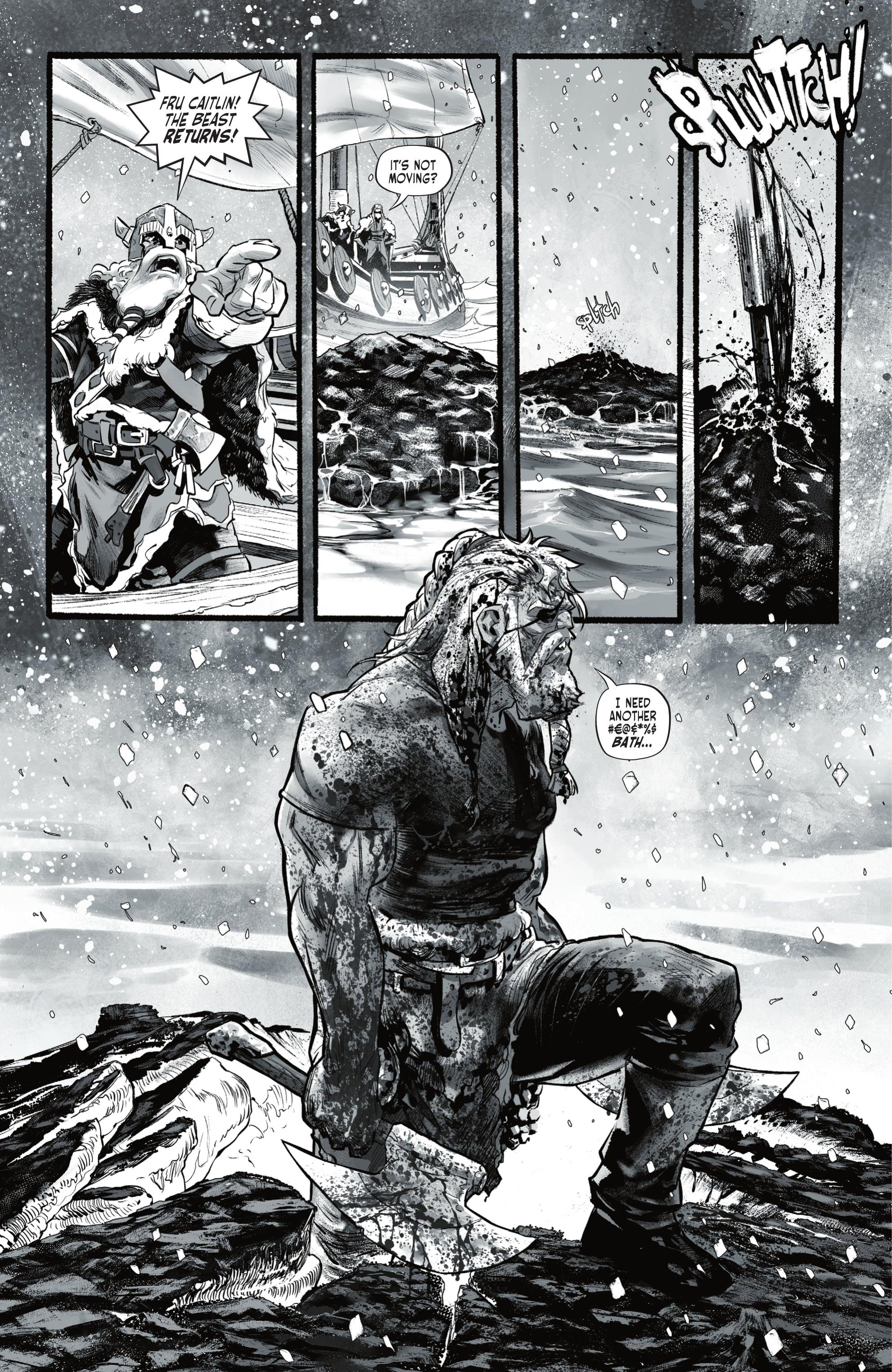 The Deathstroke emerges victorious from the belly of the Kraken in Dark Knights of Steel: Allwinter Vol. 1 #1 "Chapter One: The Deathstroke" (2024), DC. Words by Jay Kristoff, art by Tirso Cons and Wes Abbott.