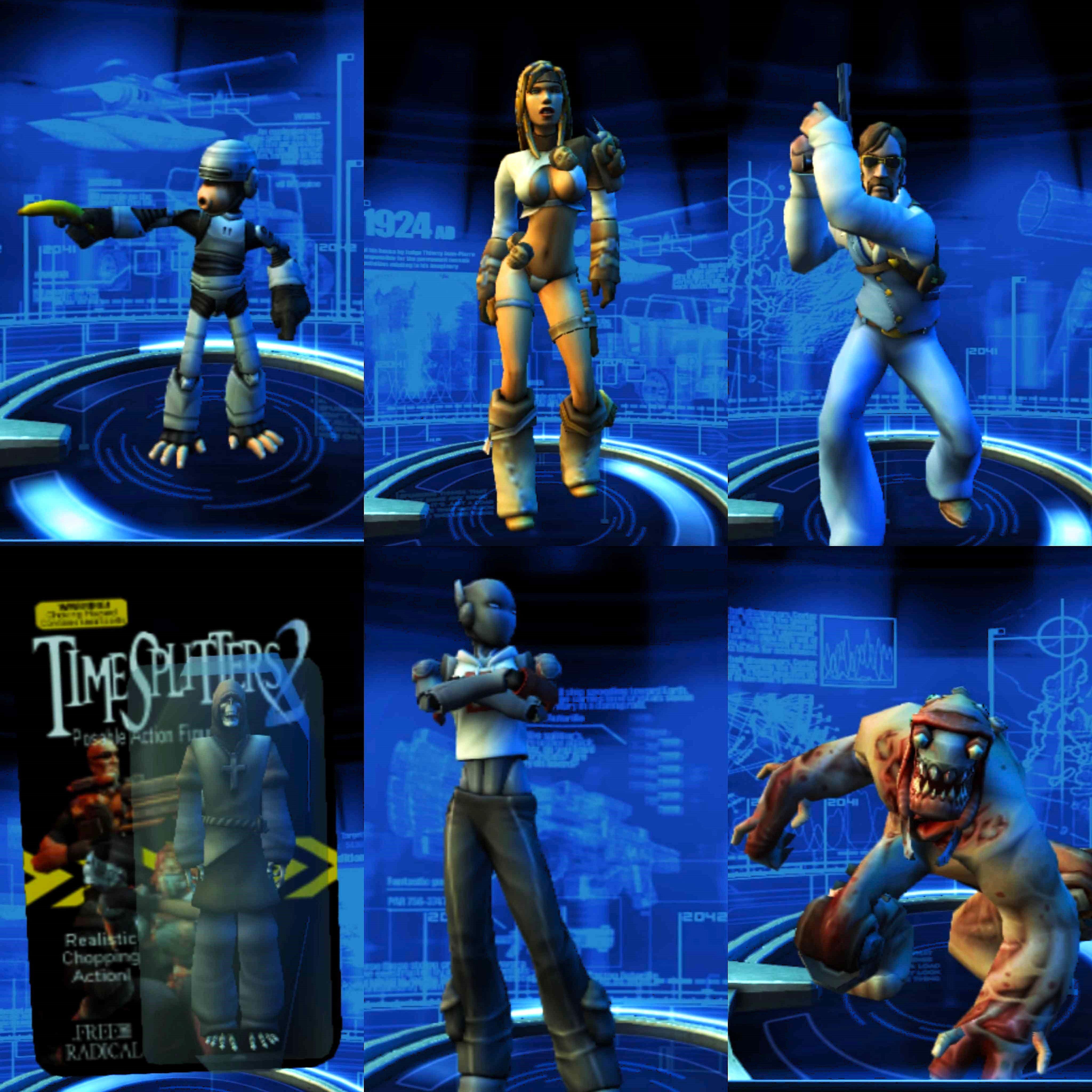 Cyborg Chimp, Jungle Queen, Harry Tipper, Undead Priest, Gretel Mk III and Berserker Splitter are just a miniscule representation of the available characters in TimeSplitters: Futrure Perfect 2005, Electronic Arts.