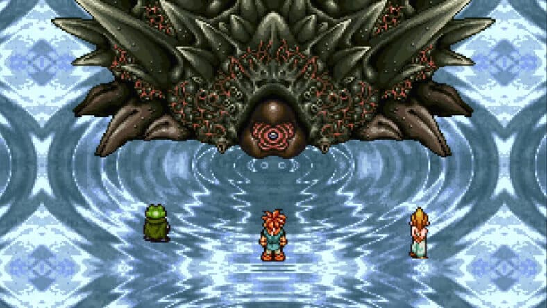 Chrono, Frog, and Marle watch on as Lavos begins to evolve in Chrono Trigger (1995), Square