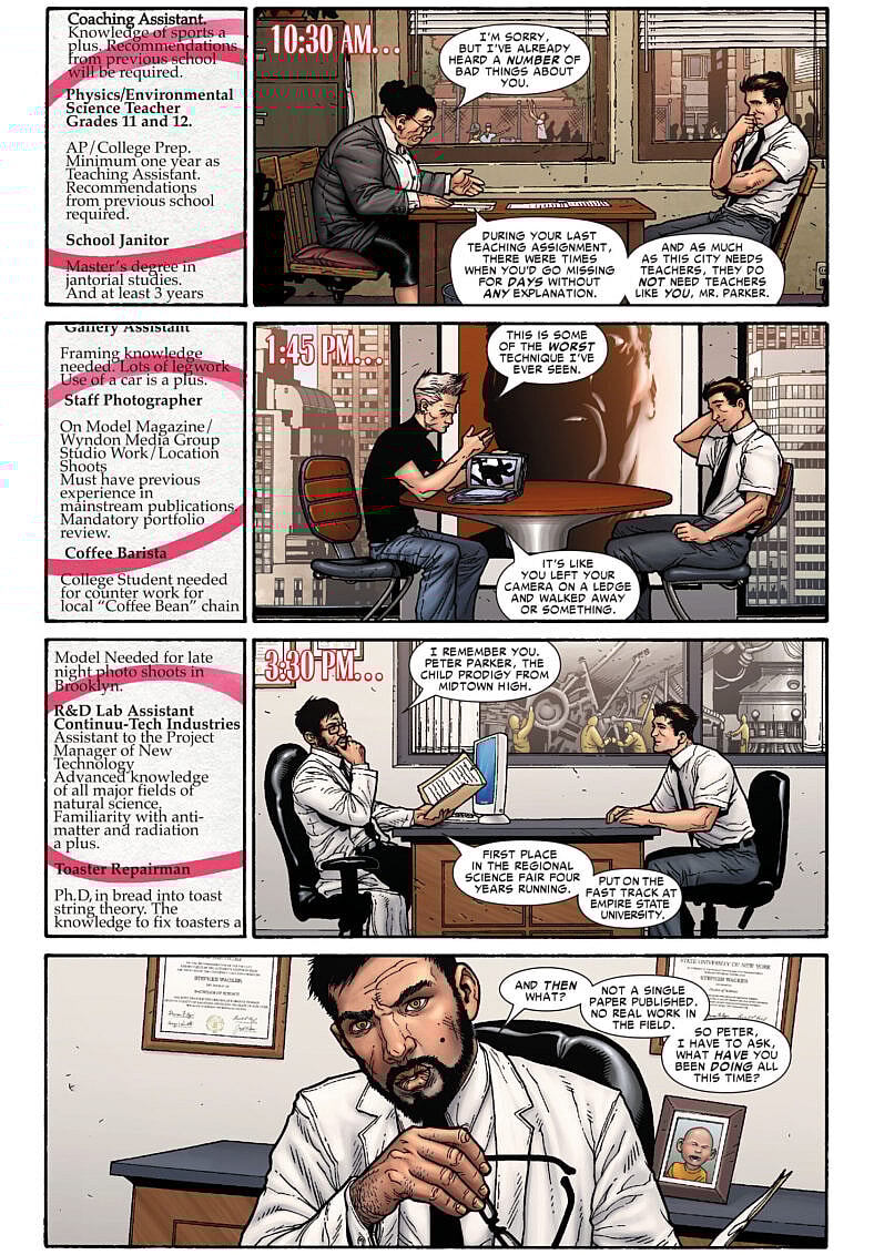 Peter Parker is on the job hunt in Amazing Spider-Man Vol. 1 #546 'Brand New Day' (2008), Marvel Comics. Words by Dan Slott, art by Steve McNiven, Dexter Vines, Morry Hollowell, and Cory Petit.