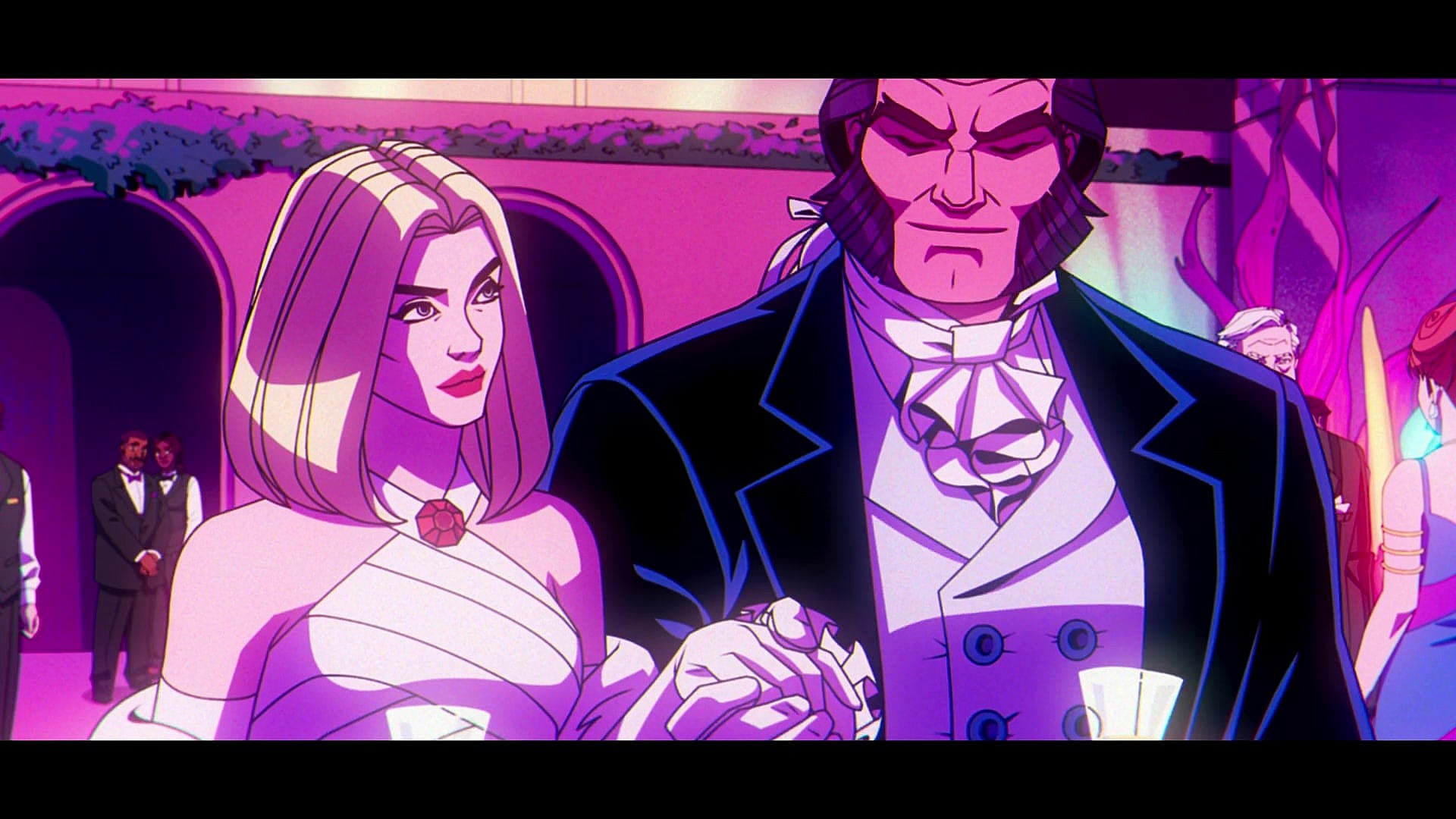 Emma Frost (Martha Marion) accepts a dance from Sebastian Shaw (Travis Willingham) in X-Men 