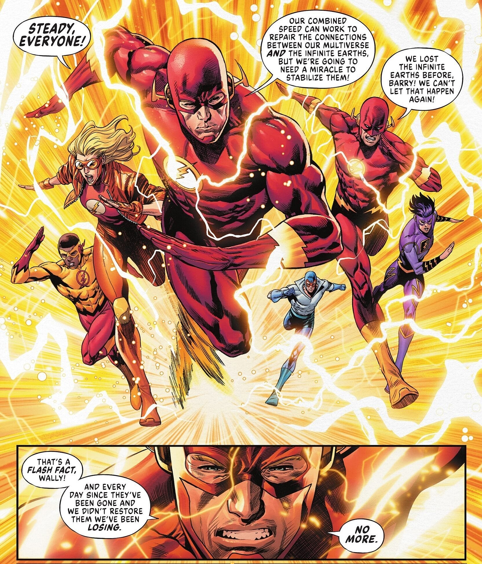 The Flash Family brings the cavalry in Dark Crisis on Infinite Earths Vol. 1 #7 "Dawn of DC" (2022), DC. Words by Joshua Williamson, art by Daniel Sampere, Jack Herbert, Giuseppe Camuncoli, Cam Smith, Rafa Sandoval, Alejandro Sánchez, Alex Guimarães, Romulo Fajardo, Jr., Matt Herms and Tom Napolitano.