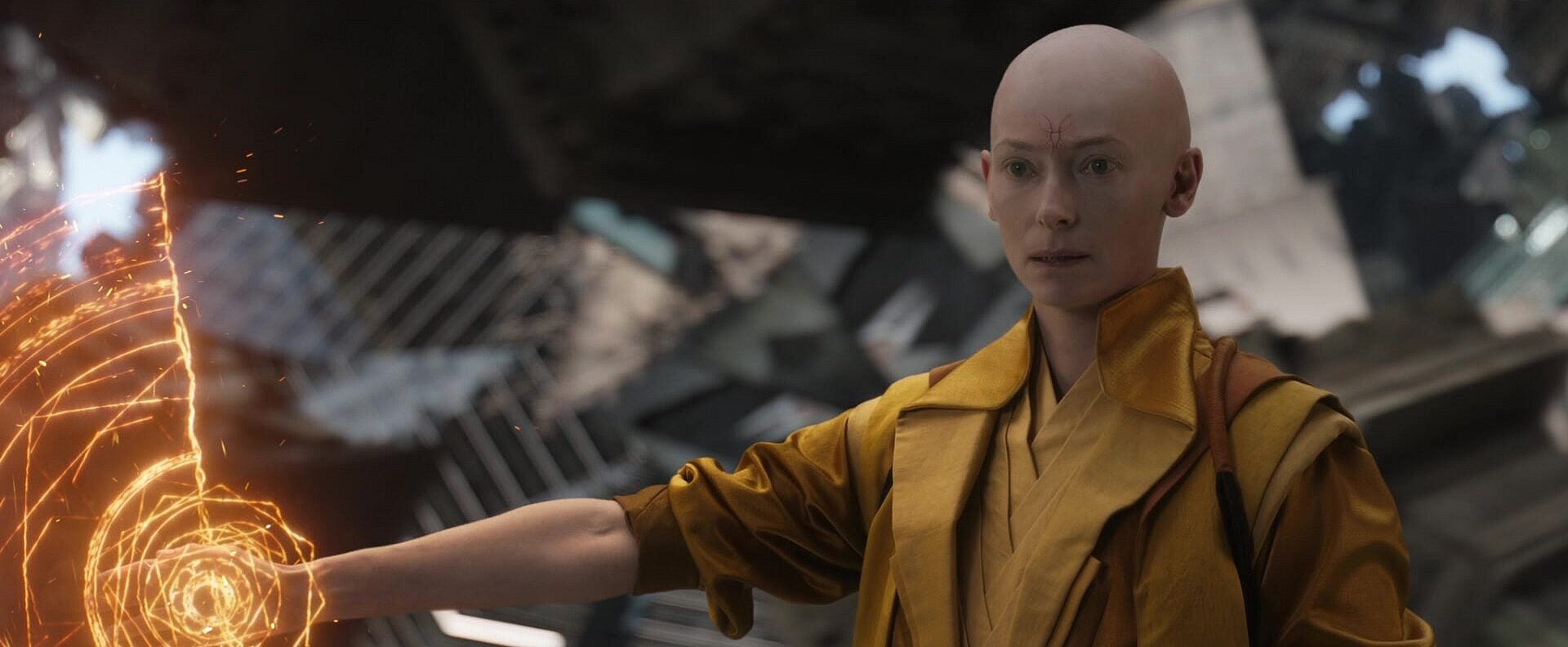 The Ancient One (Tilda Swinton) prepares to take on Kaecilius (Mads Mikkelsen) in Doctor Strange (2016), Marvel Entertainment