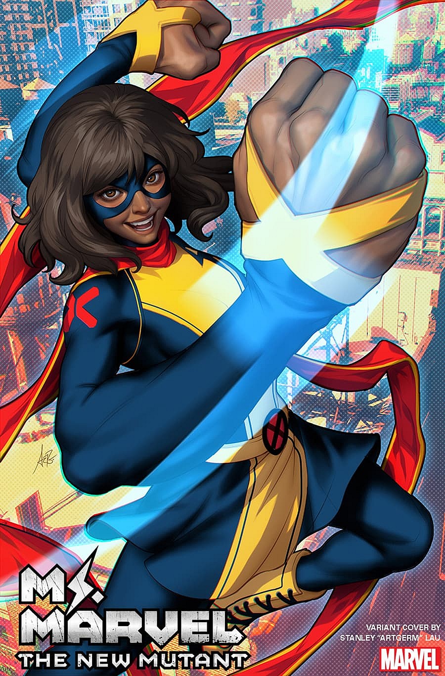 Ms. Marvel rocks her new X-uniform on Stanley "Artgerm" Lau's variant cover to Ms. Marvel: The New Mutant Vol. 1 #1 (2023), Marvel Comics