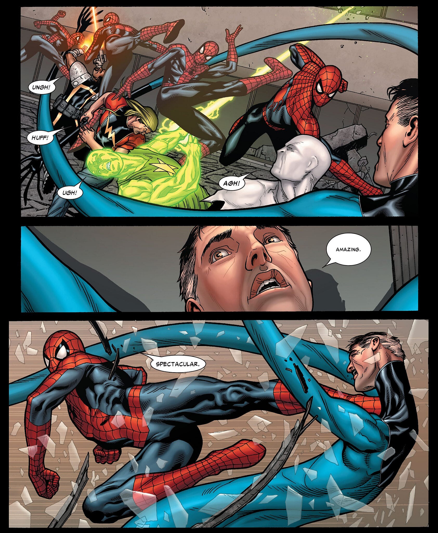 Mr. Fantastic realizes the true threat that is Spider-Man in Civil War Vol. 1 #7 (2007), Marvel Comics. Words by Mark Millar, art by Steve McNiven, Dexter Vines, John Dell, Tim Townsend, Morry Hollowell, and Chris Eliopoulous.