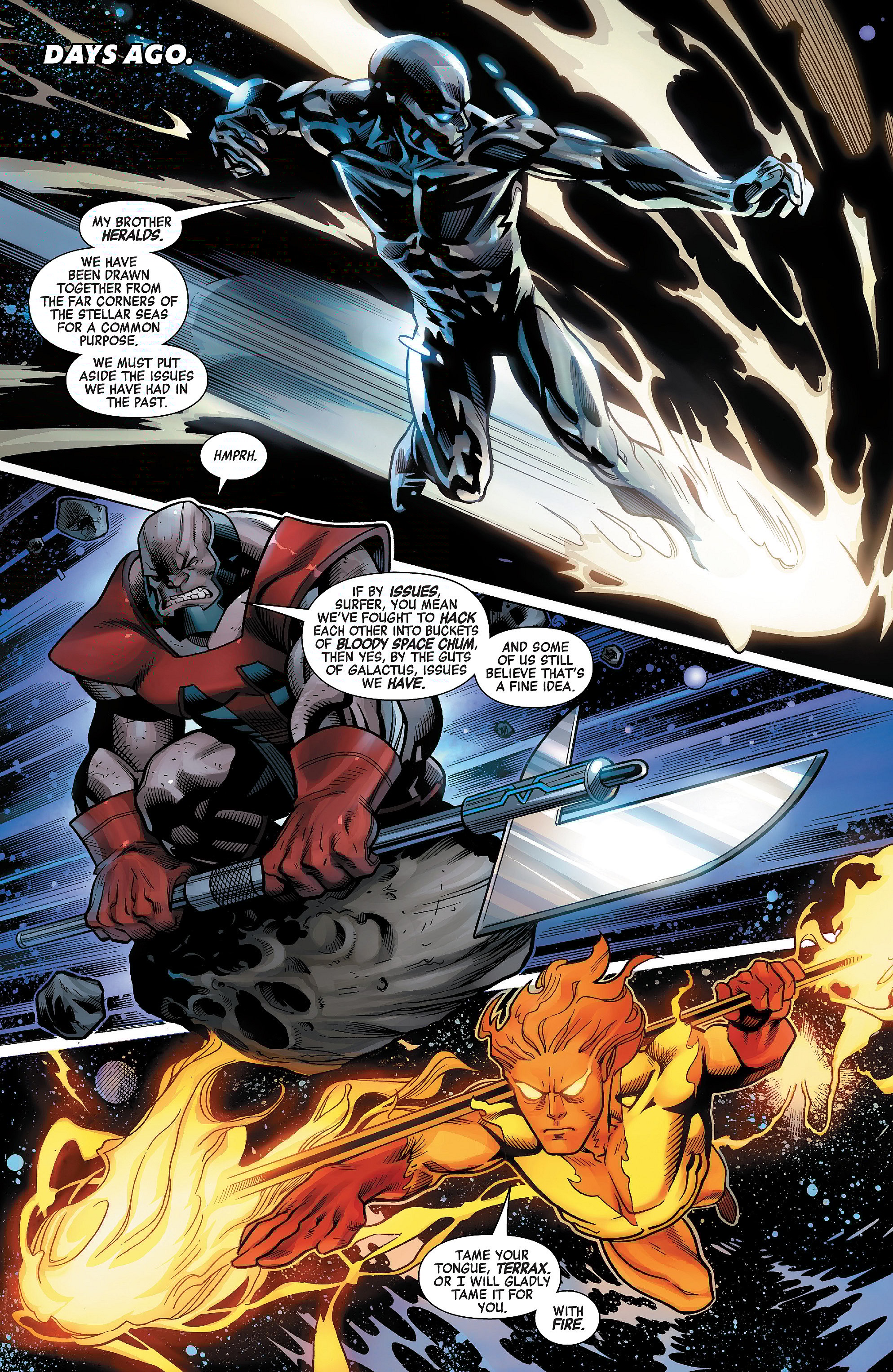 The Silver Surfer reaches out to his fellow Heralds for help in saving the Starbrand in Avengers Vol. 8 #28 "Starbrand Reborn - Part Two: The Three Heralds" (2019), Marvel Comics. Words by Jason Aaron, art by Ed McGuinness, Mark Morales, Jason Keith, Erick Aciniega, and Cory Petit.