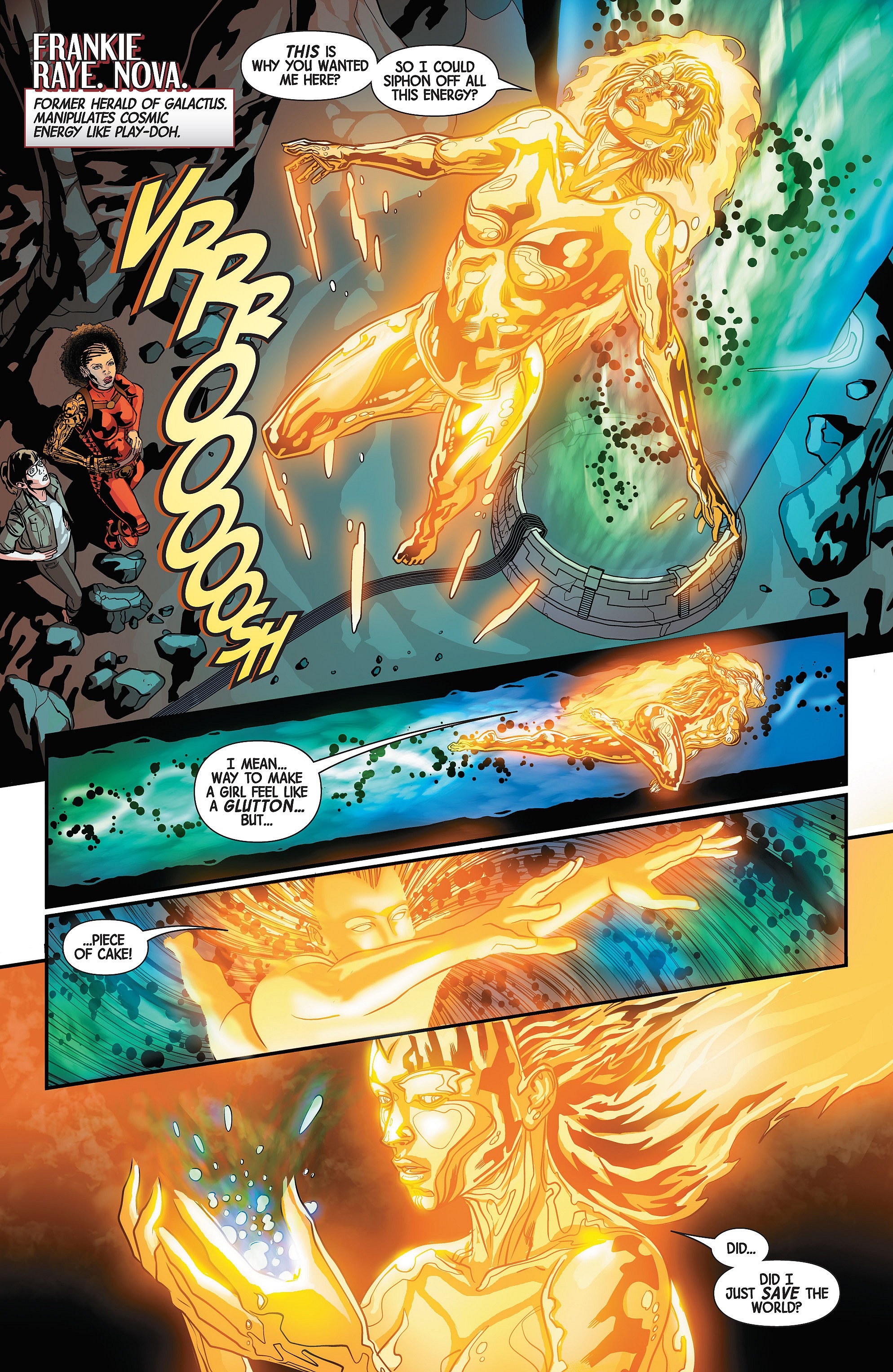 Frankie Reyes puts her powers to good use in Fearless Defenders Vol. 1 #12 (2013), Marvel Comics. Words by Cullen Bunn, art by William Sliney, Veronica Gandini, and Claytown Cowles.