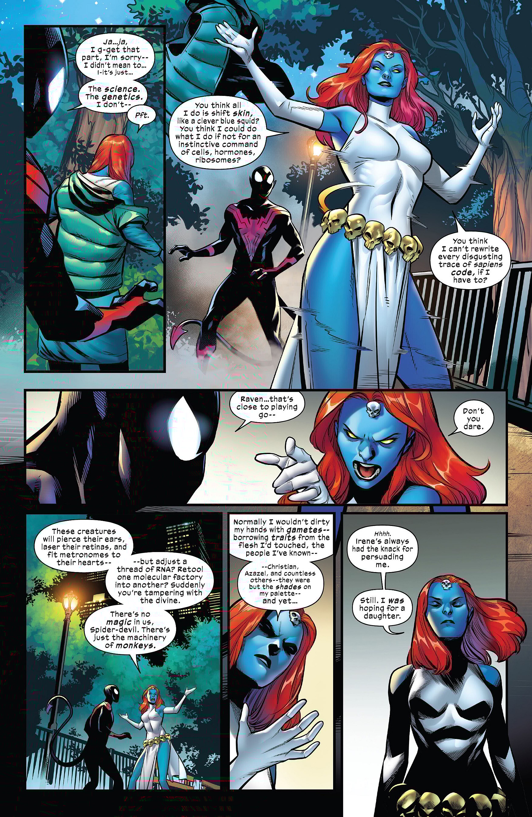 Mystique explains the depths of her mutant powers to Nightcrawler in X-Men: Blue - Origins Vol. 1 #1 (2023), Marvel Comics. Words by Si Spurrier, art by Wilton Santos, Oren Junior, Marcus To, Ceci De La Cruz, and Joe Caramagna.