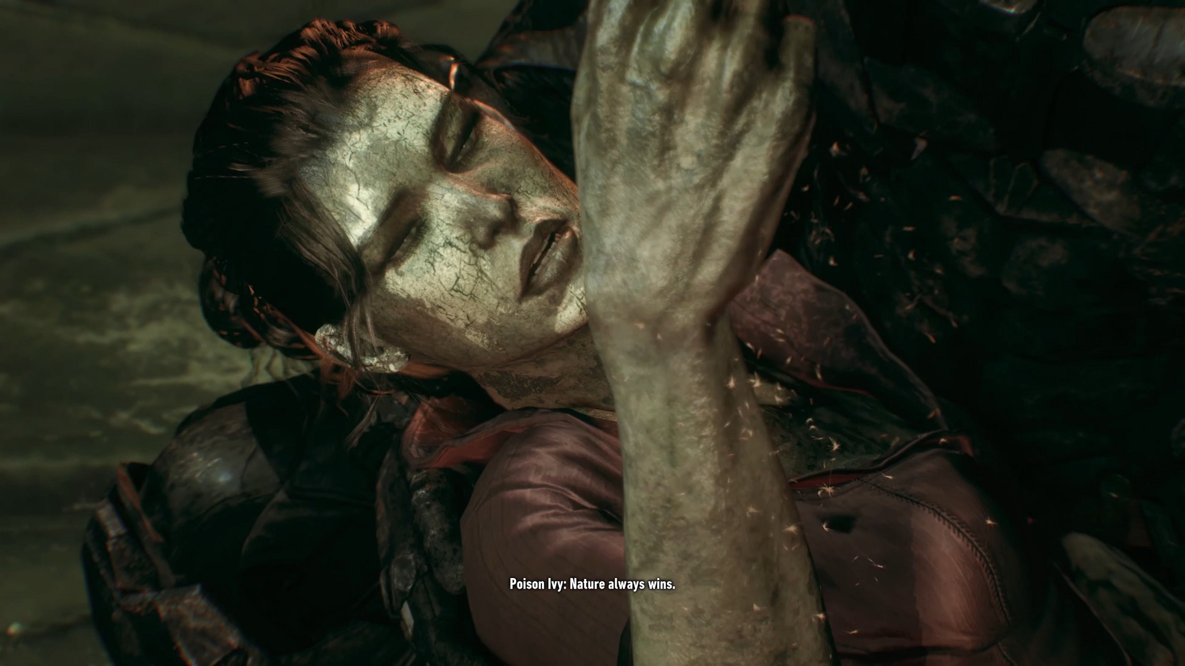 Poison Ivy (Tasia Valenza) sacrifices herself to save Gotham from the Scarecrow's Fear Toxin in Batman: Arkham Knight 2015), Rocksteady Studios