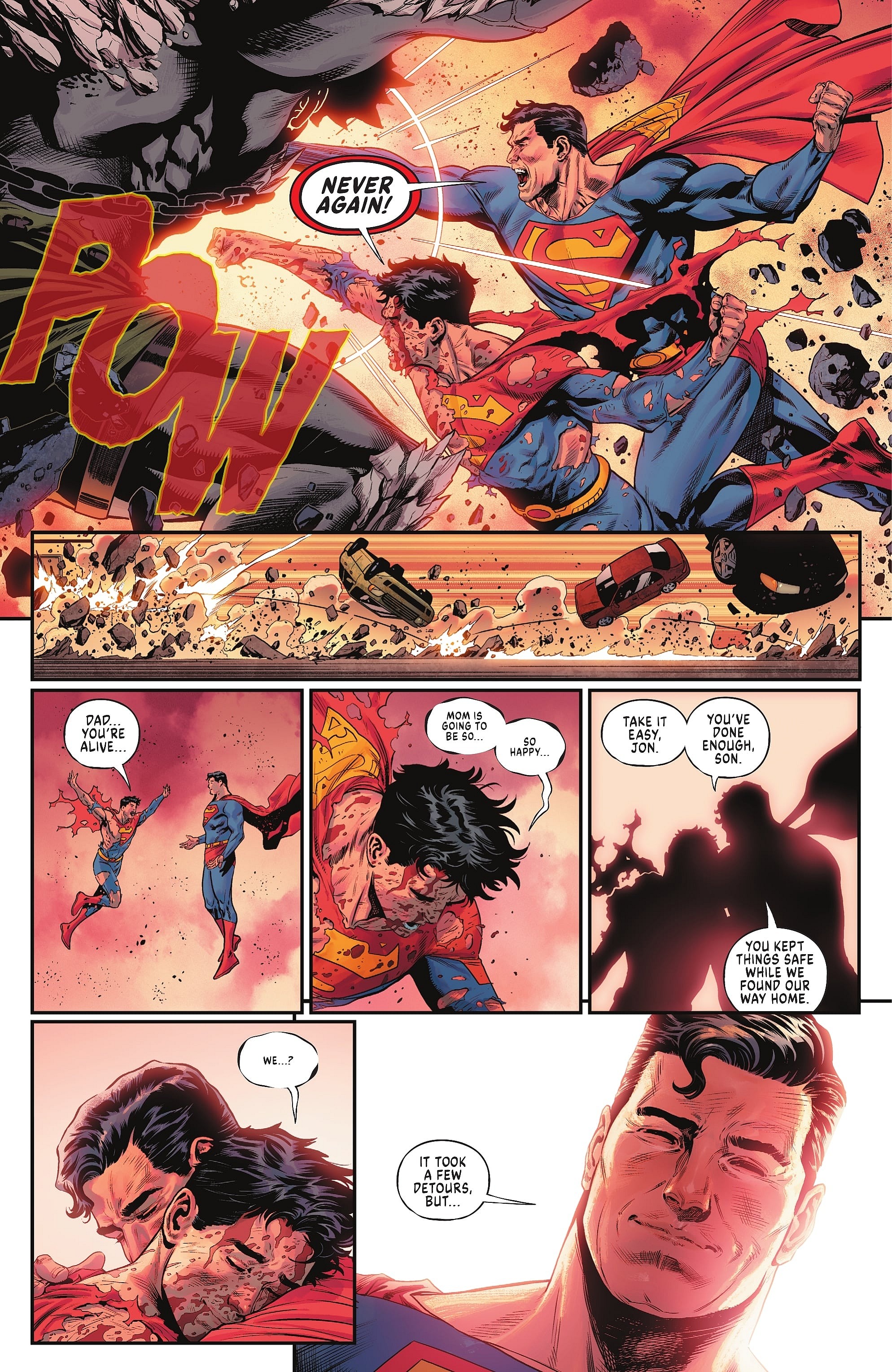 Clark and Jon Kent team-up to put an end to Doomsday in Dark Crisis on Infinite Earths Vol. 1 #6 "Legacy War" (2022), DC. Words by Joshua Williamson, art by Daniel Sampere, Jack Herbert, Giuseppe Camuncoli, Cam Smith, Rafa Sandoval, Alejandro Sánchez, Alex Guimarães, Romulo Fajardo, Jr., Matt Herms and Tom Napolitano.