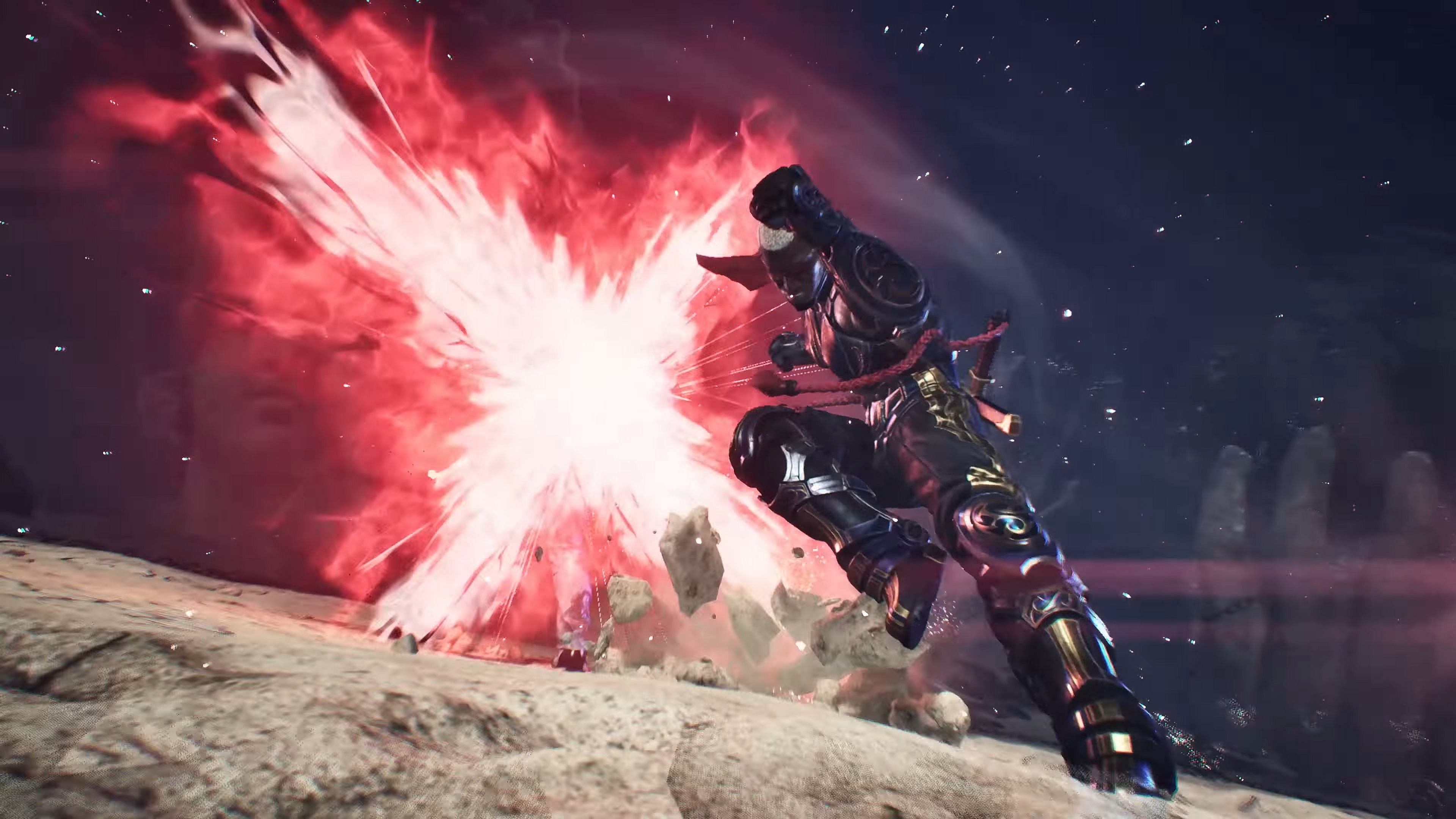 Raven (D.C. Douglas) drops a Rider Kick on his opponent in Tekken 8 (2024), Bandai Namco