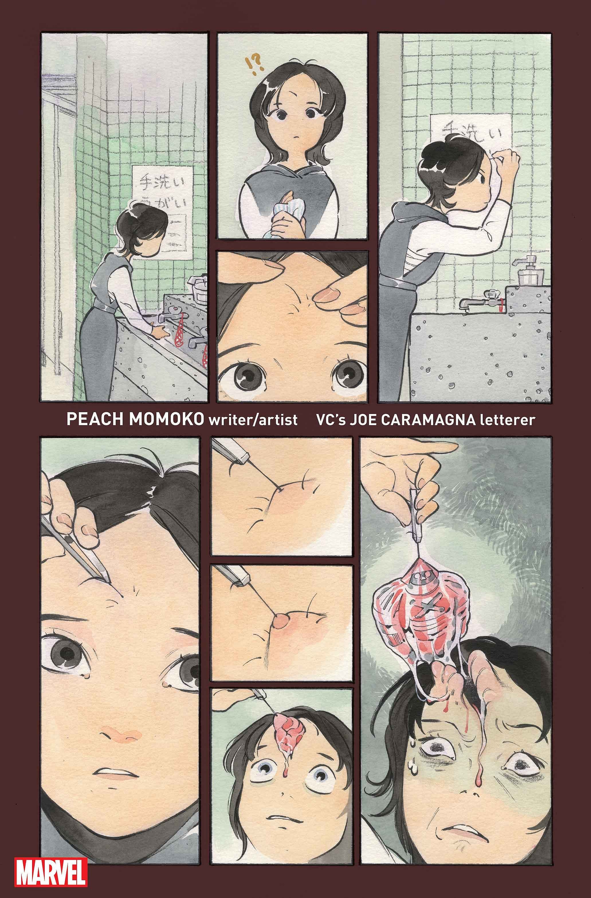 Armor makes a disgusting discovery in Ultimate X-Men Vol. 2 #1 (2024), Marvel Comics. Words and art by Peach Momoko.