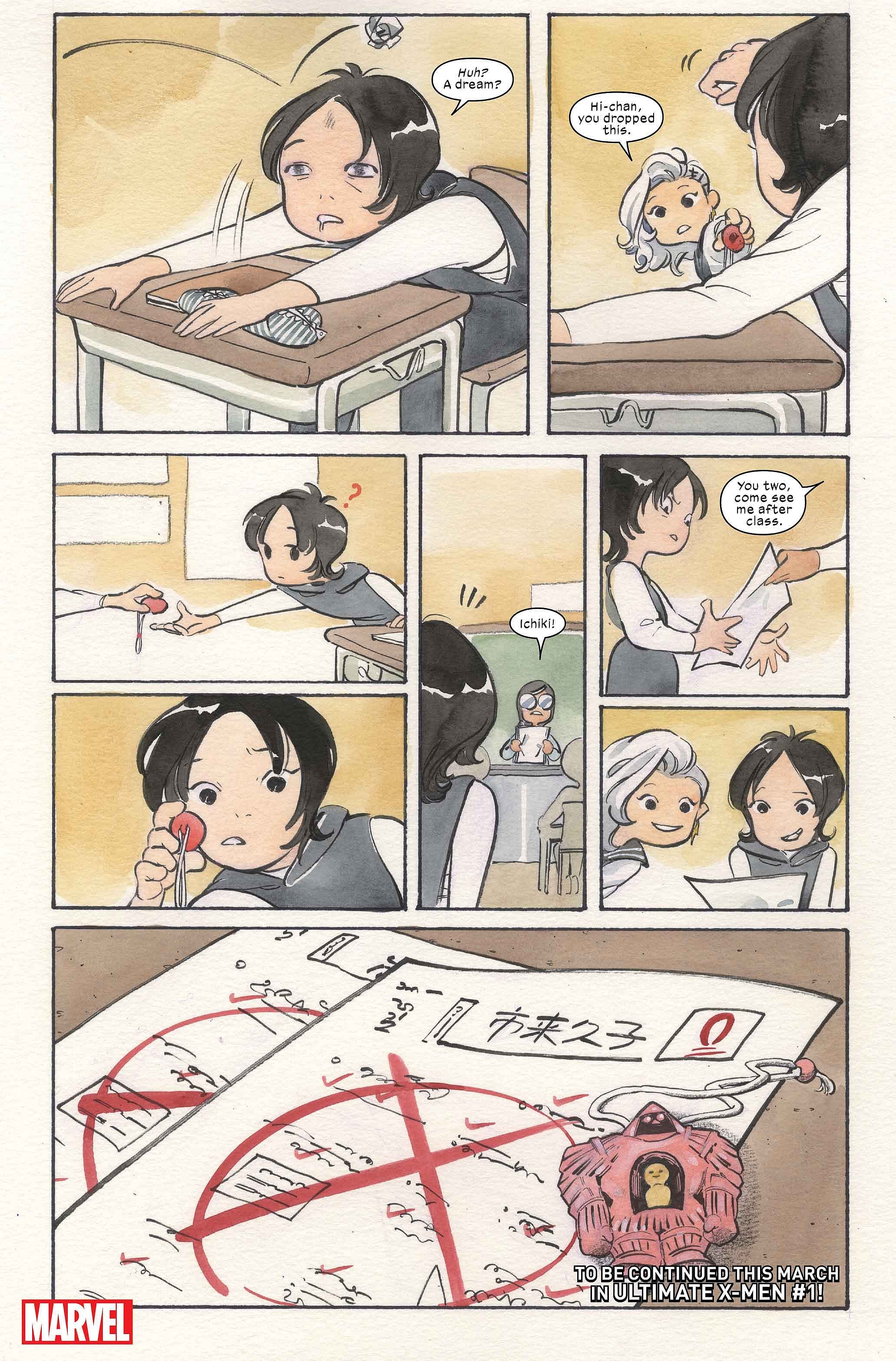 Armor receives a failing grade in Ultimate X-Men Vol. 2 #1 (2024), Marvel Comics. Words and art by Peach Momoko.