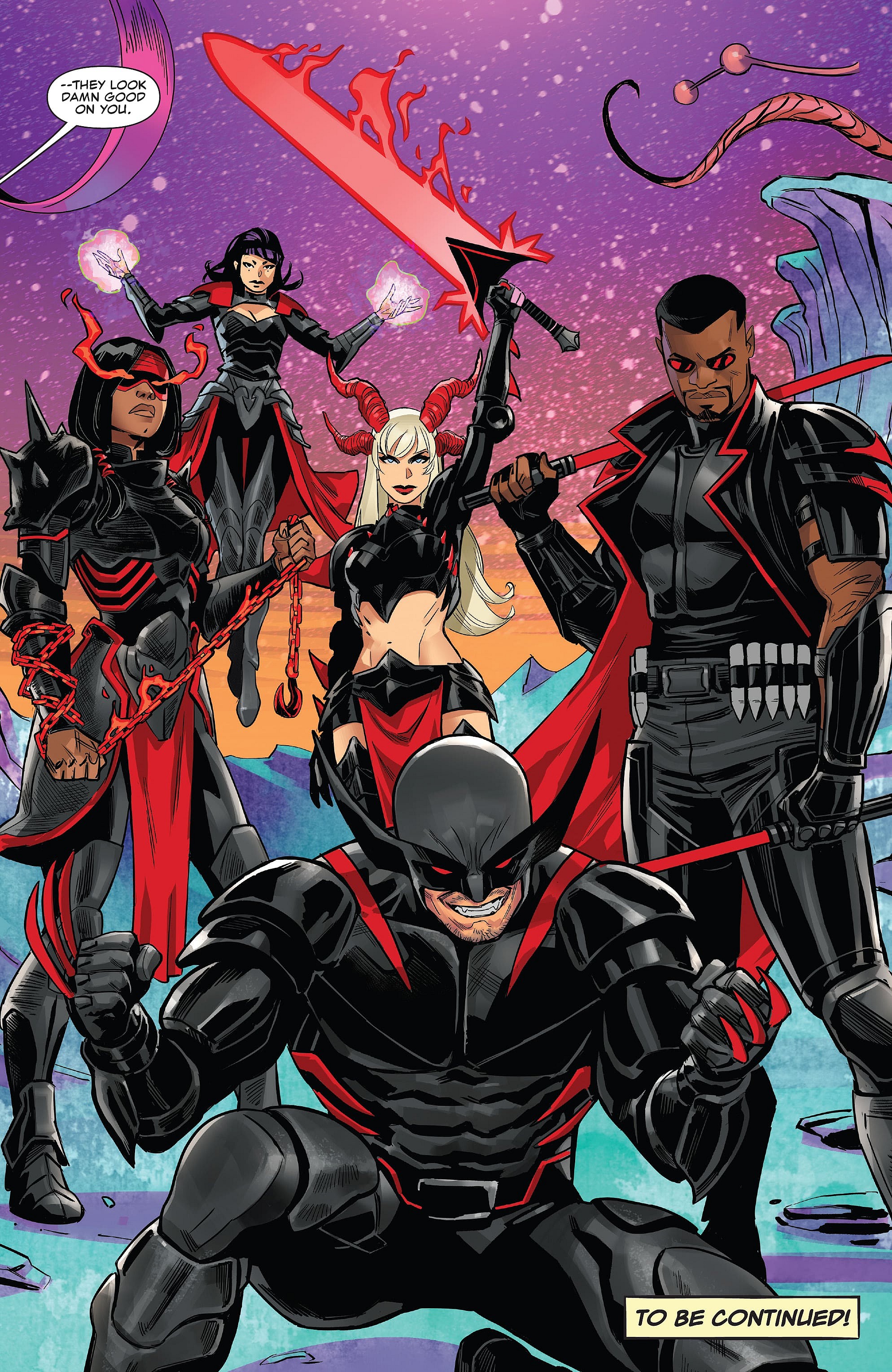 The Midnight Sons don their new armor, as crafted for them by the Tony Stark of Earth-TRN591, in Midnight Suns Vol. 1 #3 "Part 3: Lost in the Dark" (2022), Marvel Comics. Words by Ethan Sacks, art by Luigi Zagaria, Antonio Fabela, and Joe Sabino.