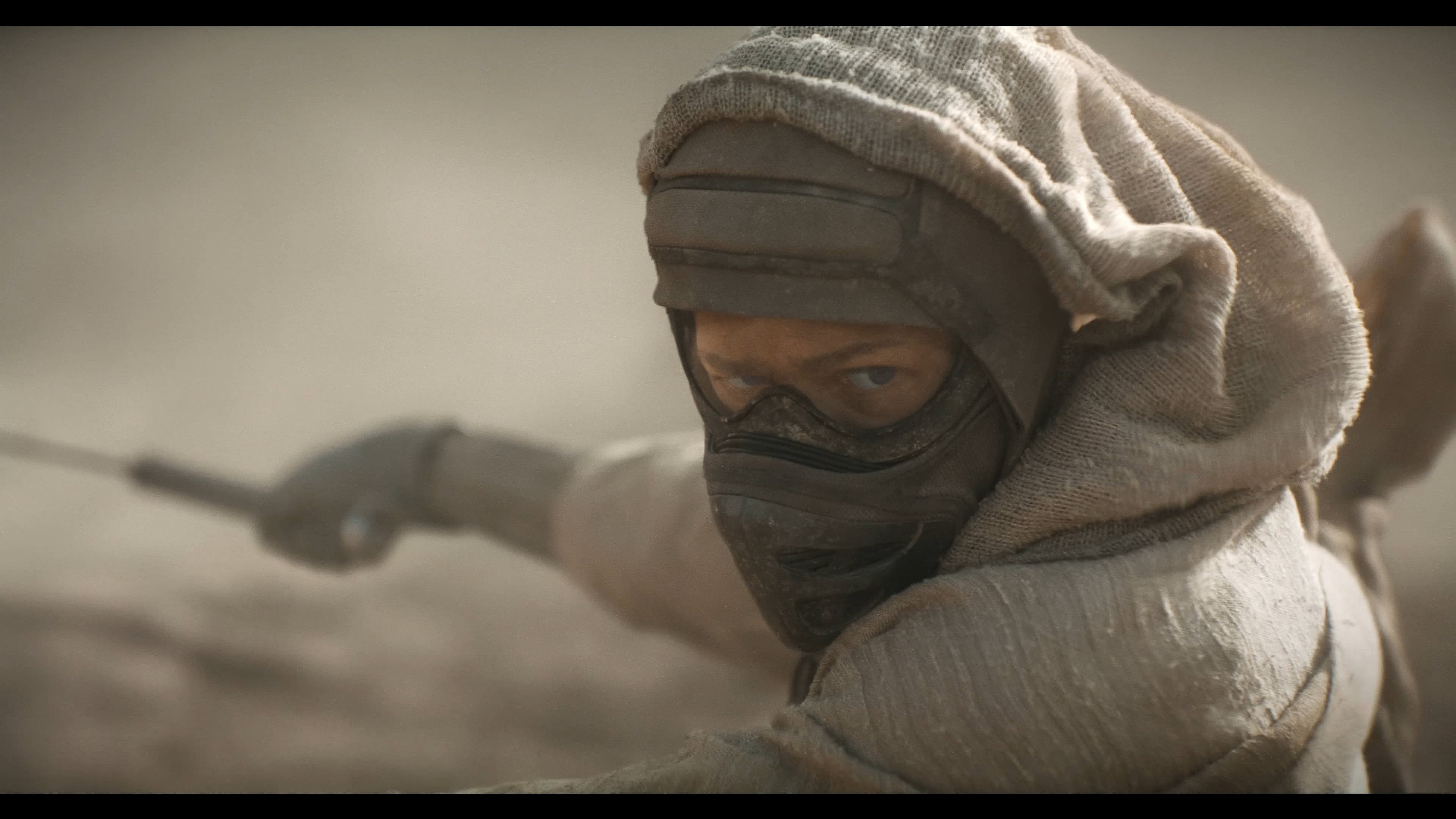 Chani (Zendaya) stands tall atop a Shai-Hulud in Dune: Part Two (2024), Legendary Pictures