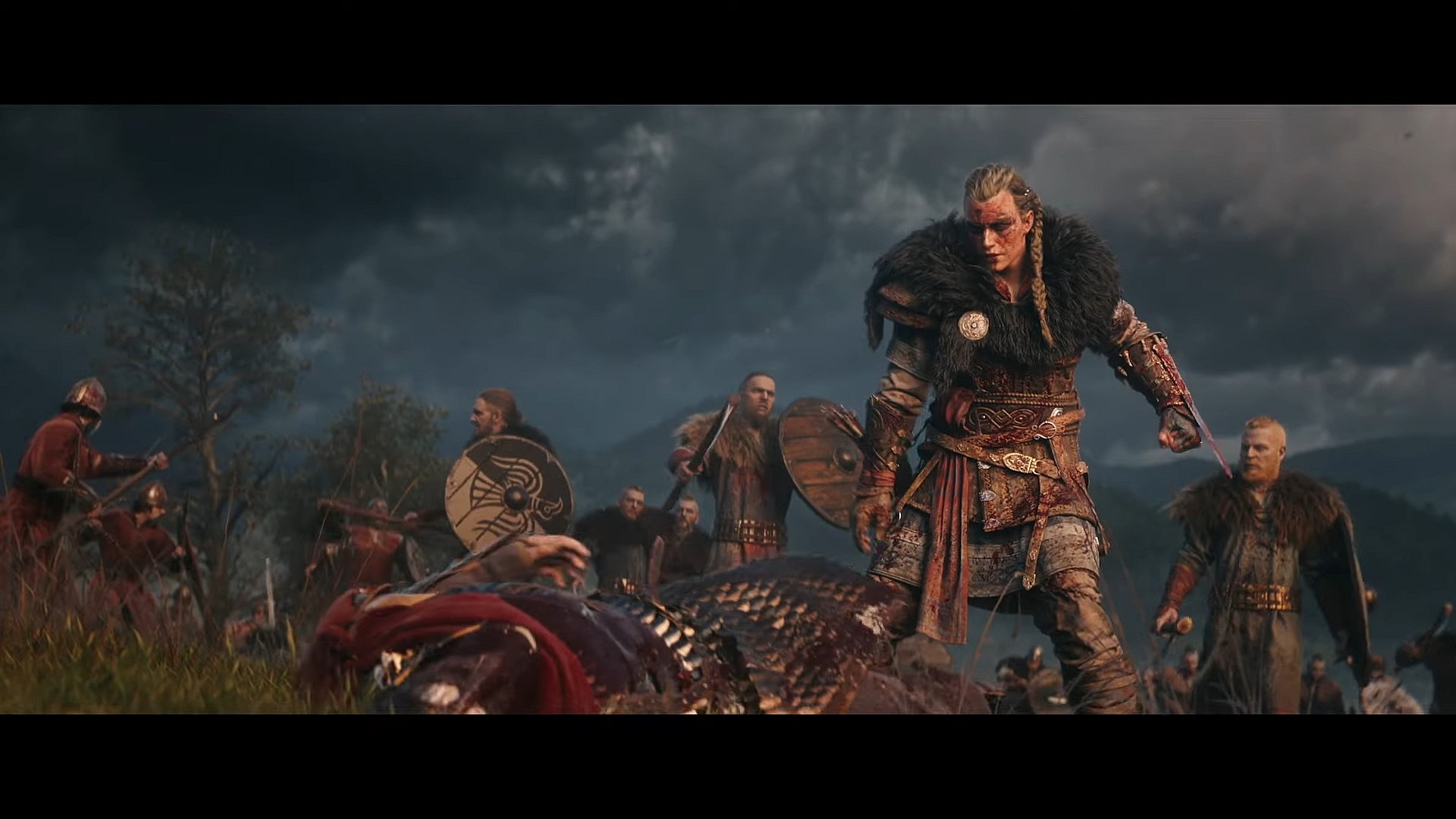 Eivor (Cecile Stenspil) fells an English soldier in Assassin's Creed: Valhalla (2020), Ubisoft