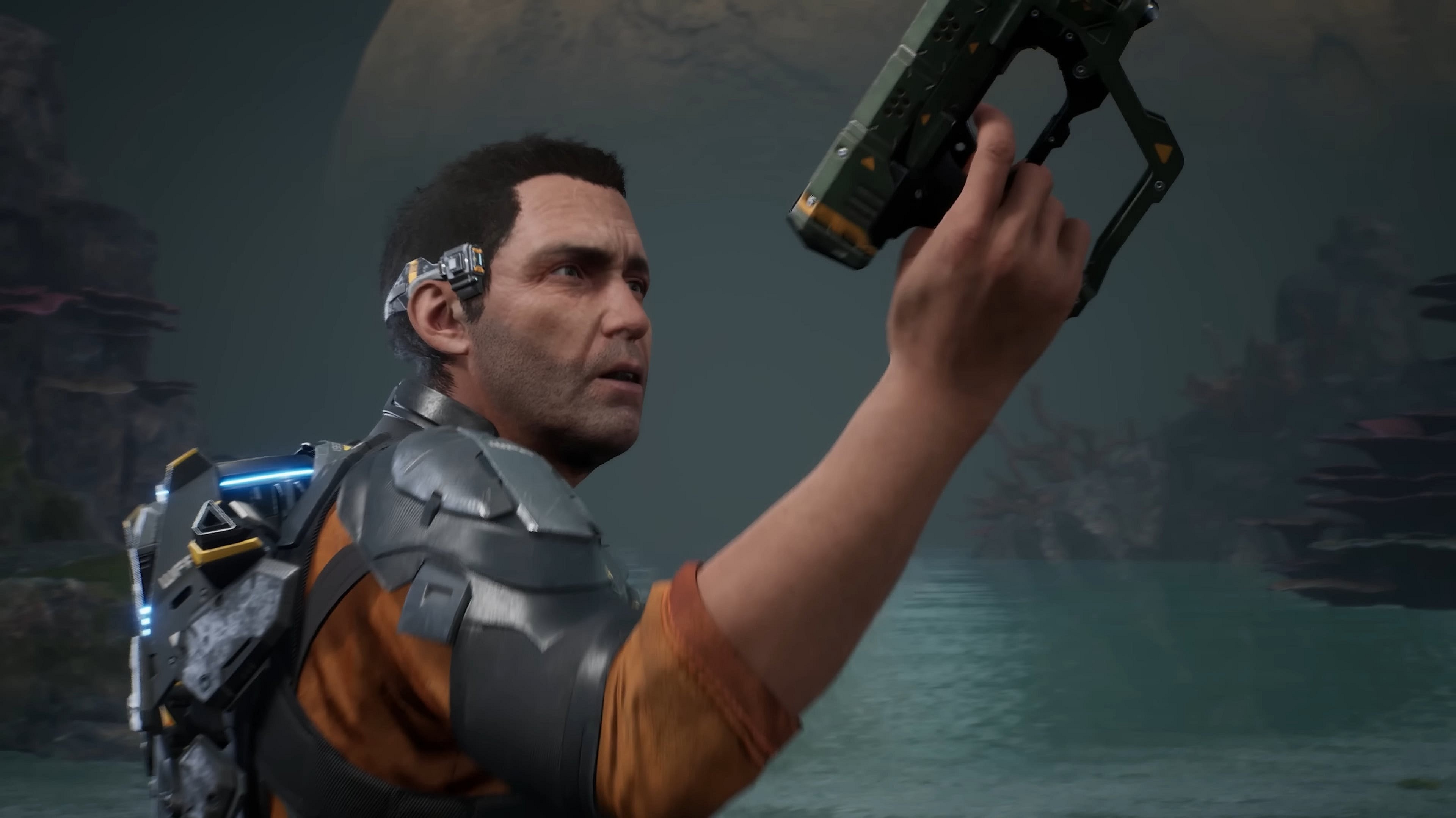 Cutter Slade (Luke Roberts) picks up a new toy in Outcast - A New Beginning (2024) THQ Nordic