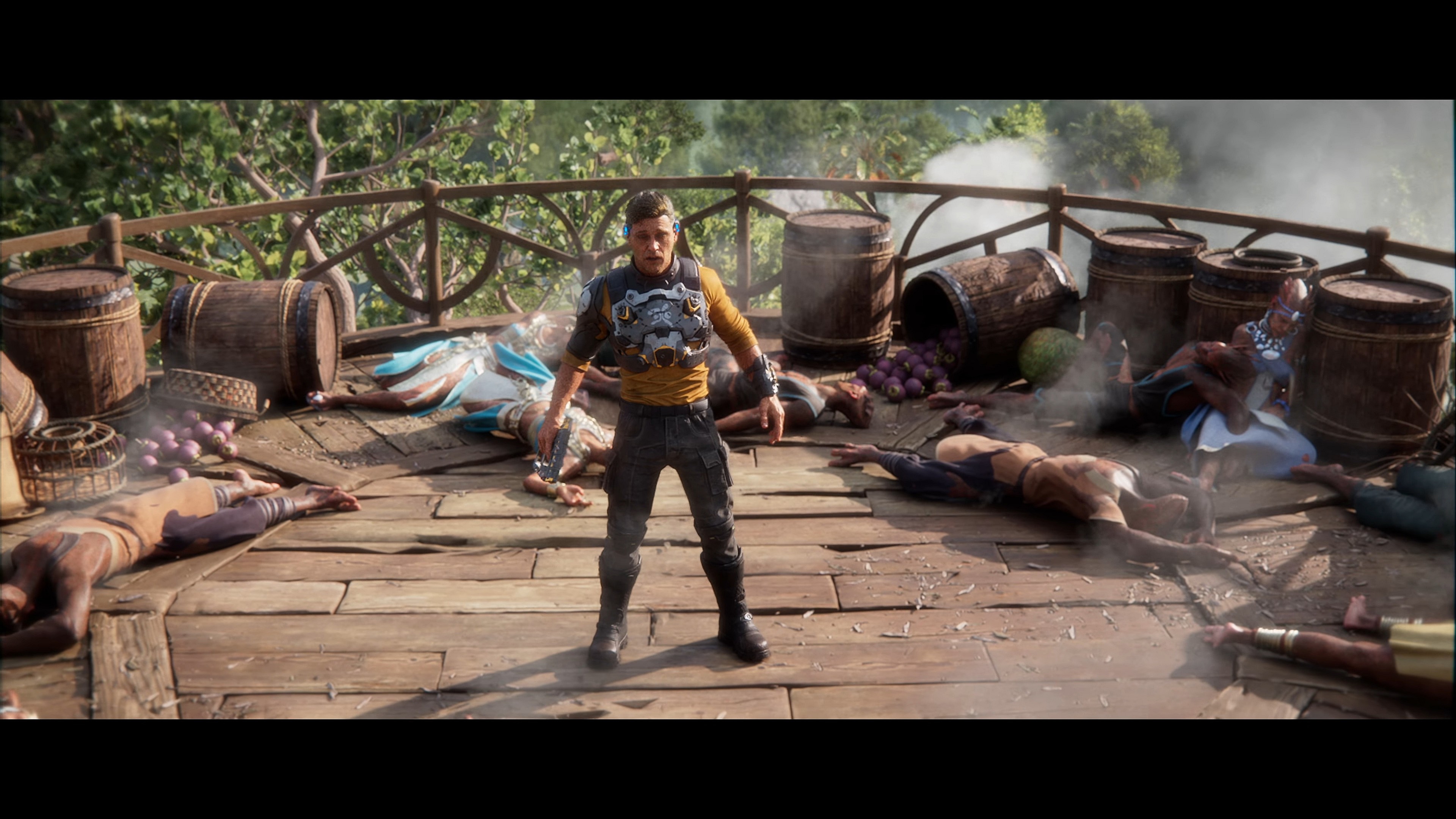 Cutter Slade (Luke Roberts) arrives too late to stop a Talan massacre in Outcast - A New Beginning (2024) THQ Nordic