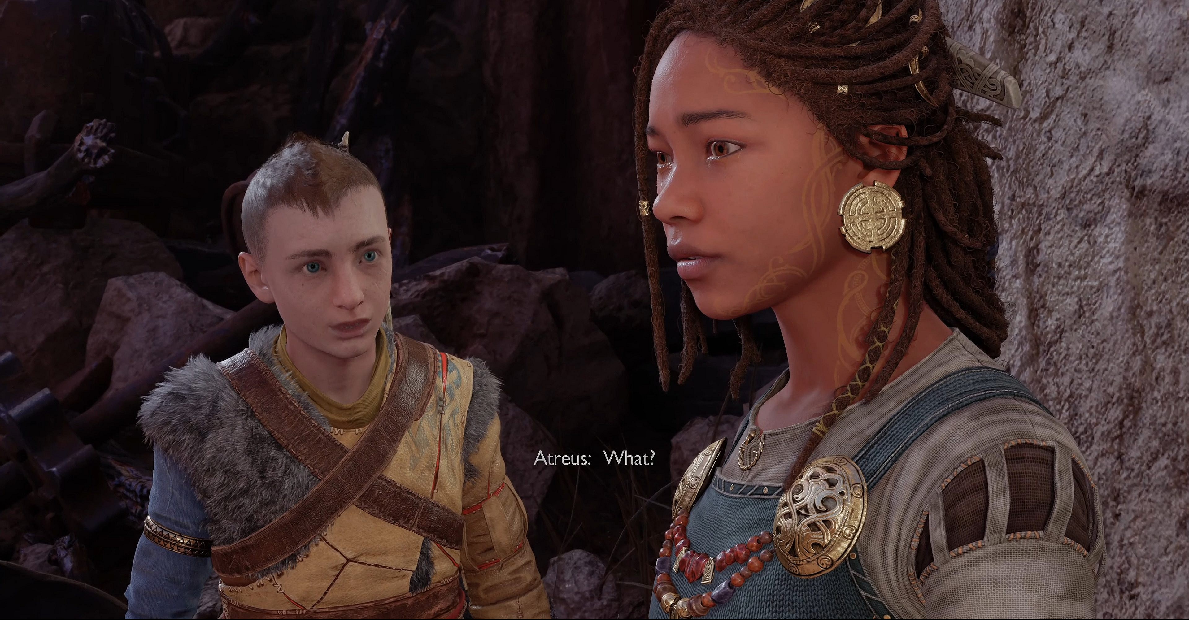 Atreus (Sunny Suljc) asks Andrboda (Laya DeLeon Hayes) about her past in God of War: Ragnarök (2022), Sony Santa Monica Studios via YouTube