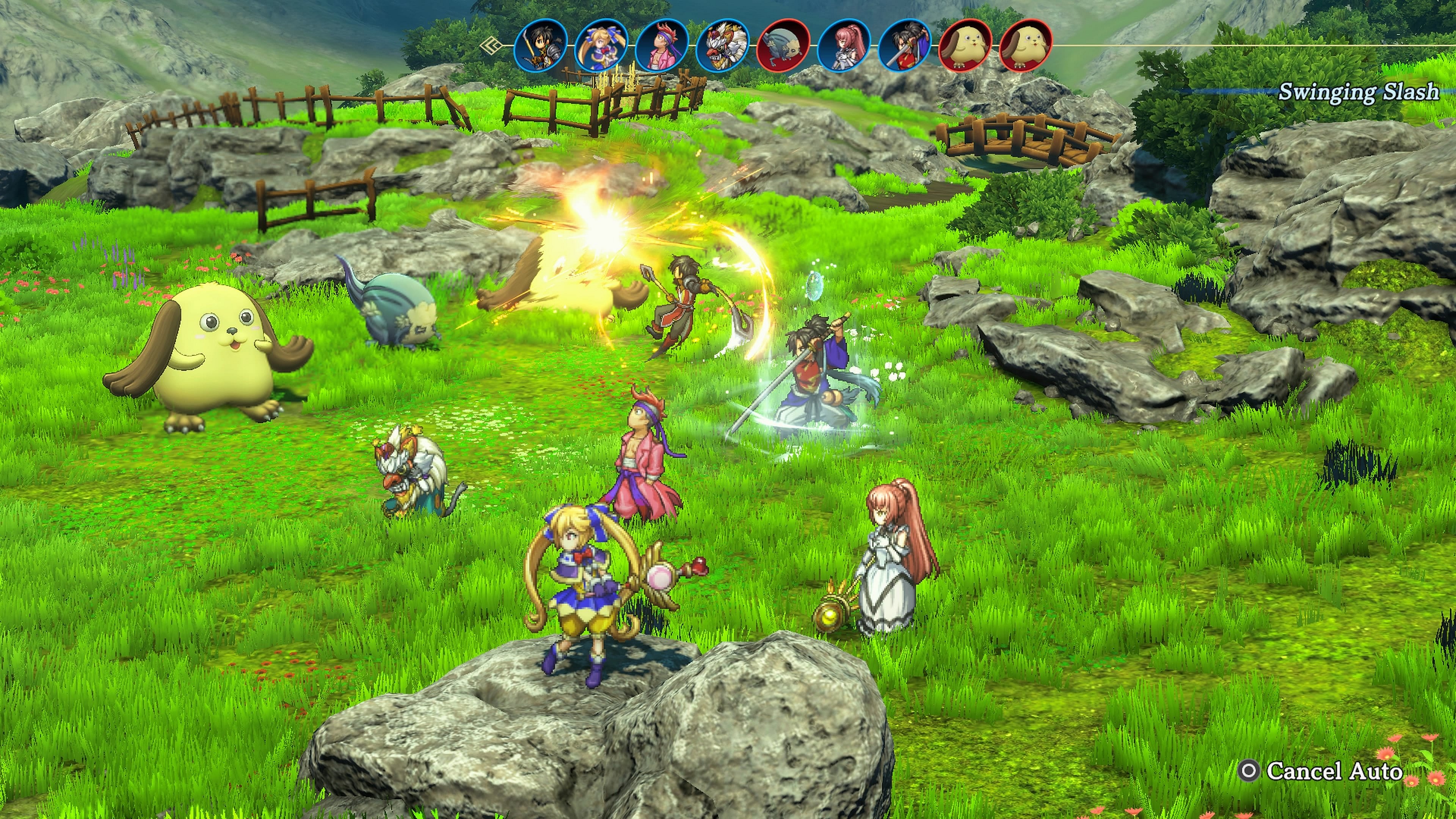 Nowa and his allies fight monsters in Eiyuden Chronicle: Hundred Heroes on a grassy plain.