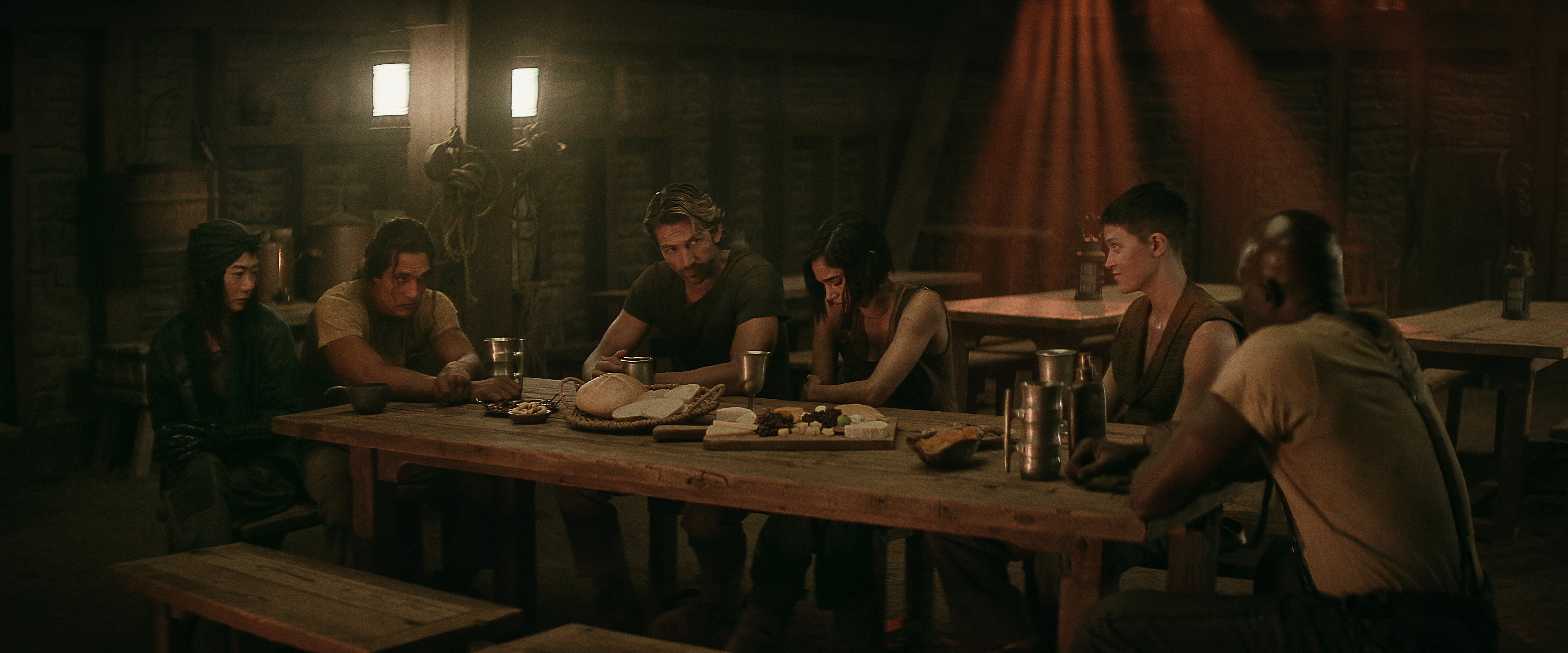 Rebel Moon — Part Two: The Scargiver. (L-R) Doona Bae as Nemesis, Staz Nair as Tarak, Michiel Huisman as Gunnar, Sofia Boutella as Kora, Elise Duffy as Milius and Djimon Hounsou as General Titus in Rebel Moon — Part Two: The Scargiver. Cr. Netflix © 2024.