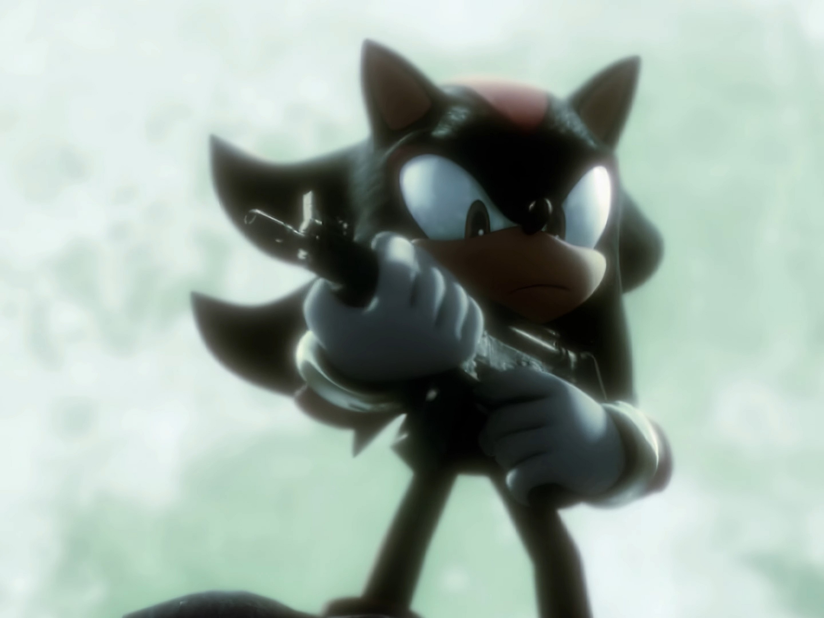 Shadow (Jason Griffith) cocks a sub-machine gun in the moonlight in Shadow the Hesgehog (2005), Sega