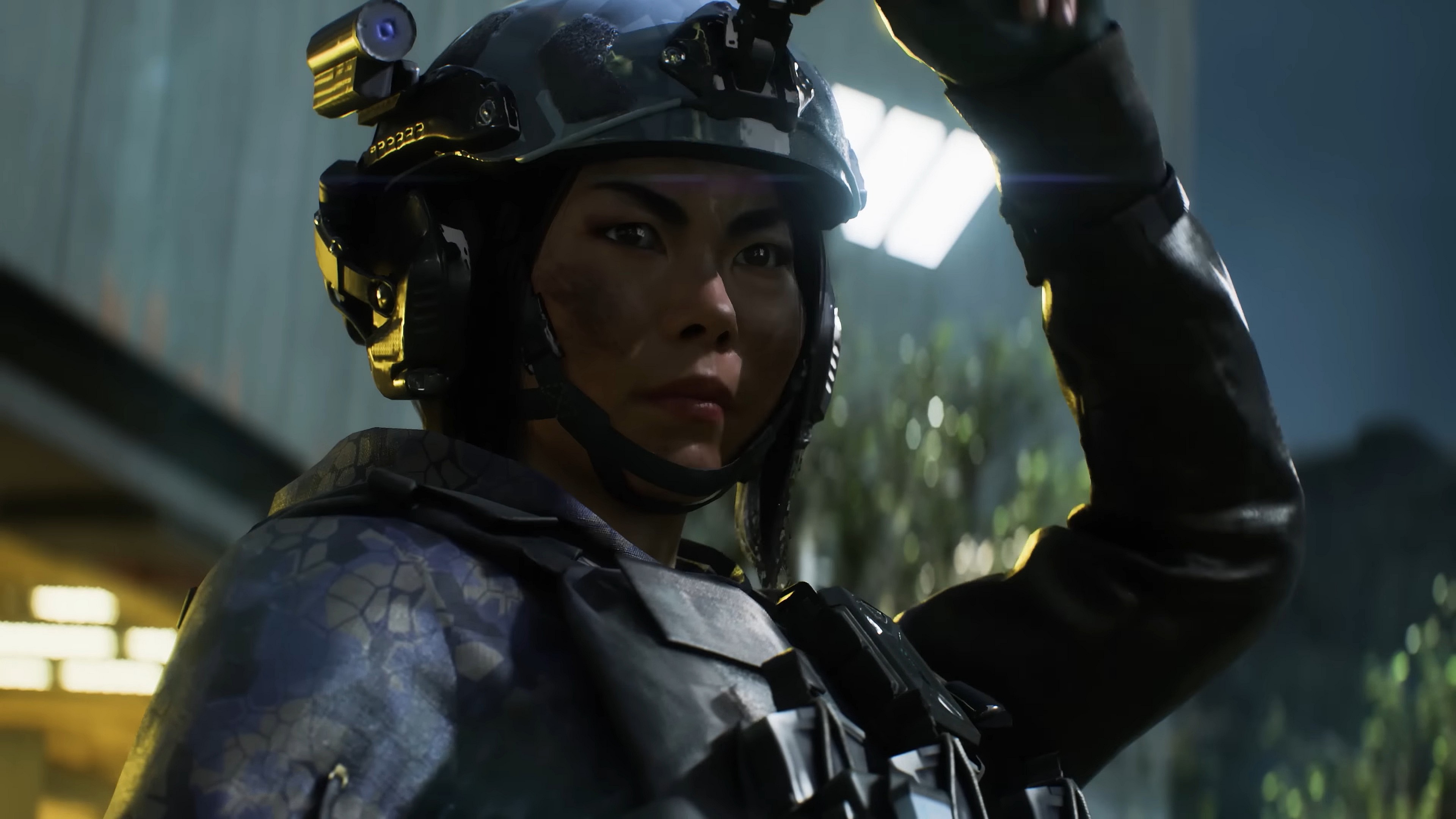 A soldier raises her night vision goggles in Battlefield 2042 (2021), Electronic Arts