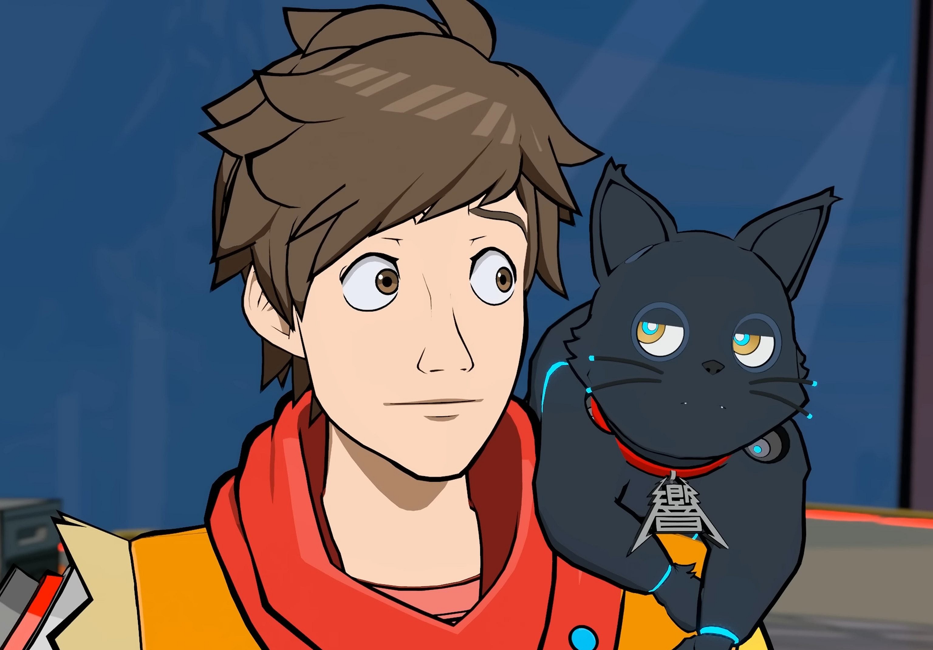 Chai (Robbie Draymond) is embarrassed after mistaking a screensaver for a secret computer program in Hi-Fi Rush (2023), Tango Gameworks