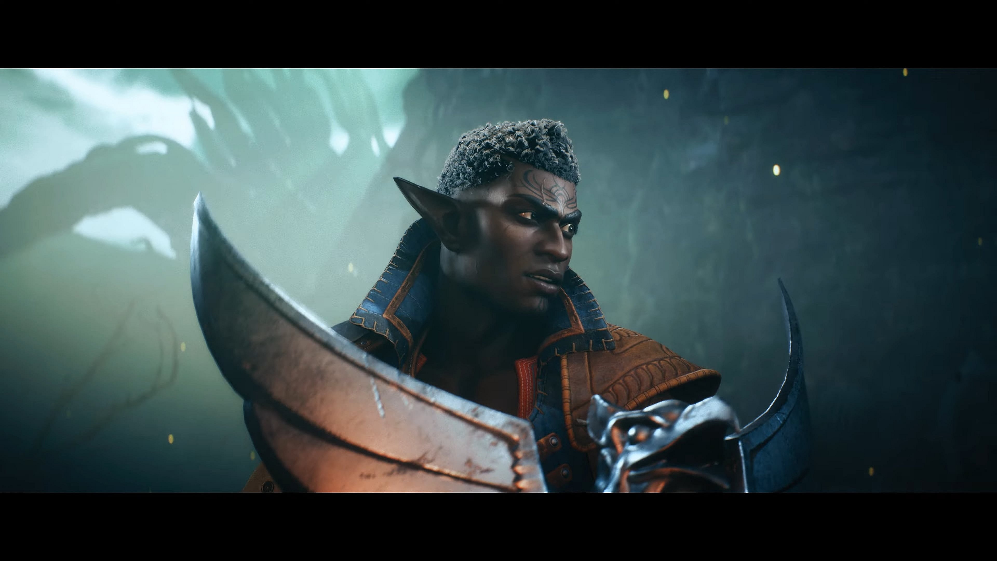 Davrin (TBA) steels himself against the Darkspawn in Dragon Age: The Veilguard (2024), BioWare