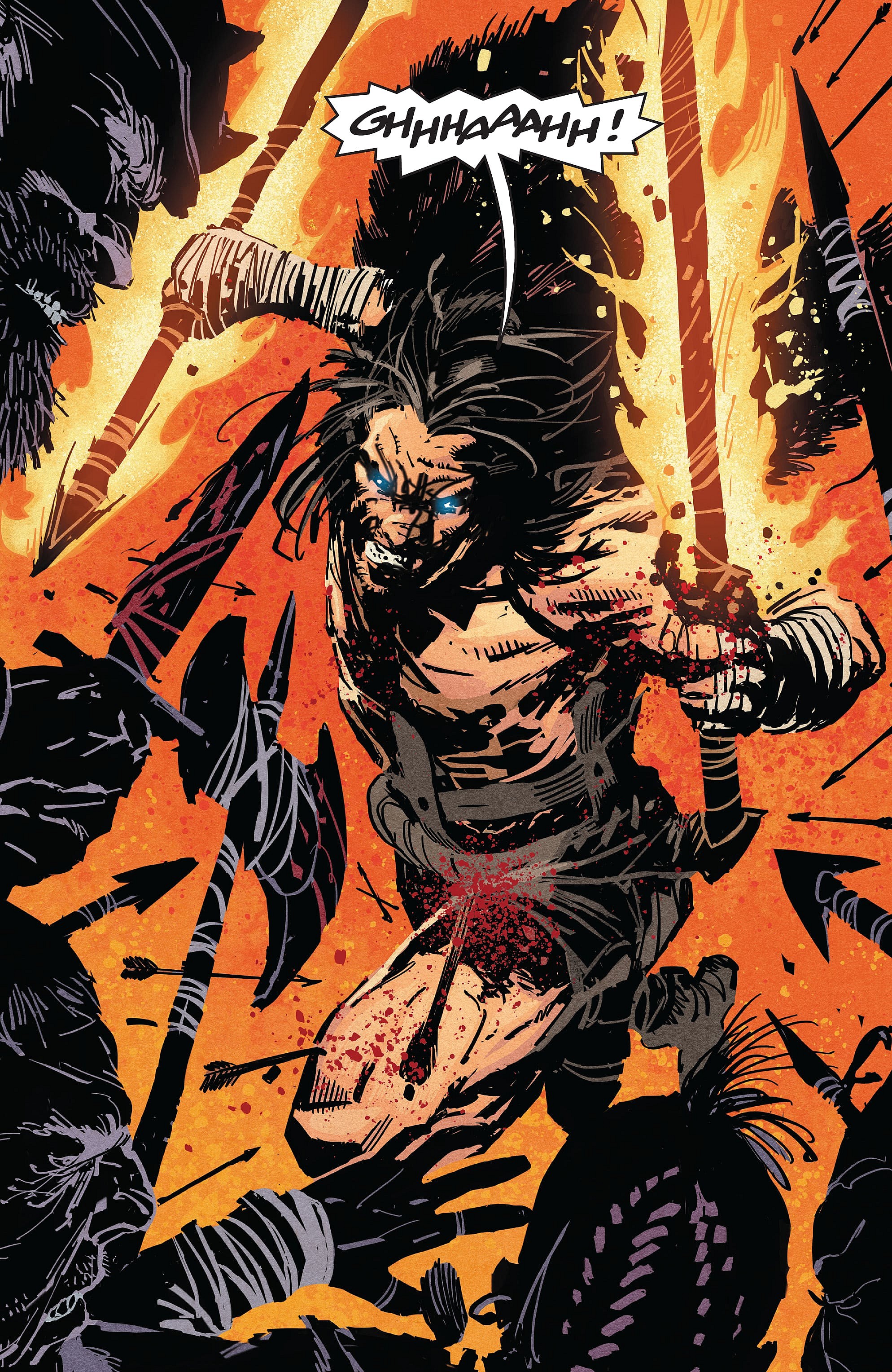 B rushes into battle against a prehistoric tribe in BRZRKR Vol. 1 #4 (2021), BOOM! Studios. Words by Keanue Reeves and Matt Kindt, art by Ron Garney, Bill Crabtree, and Clem Robins.
