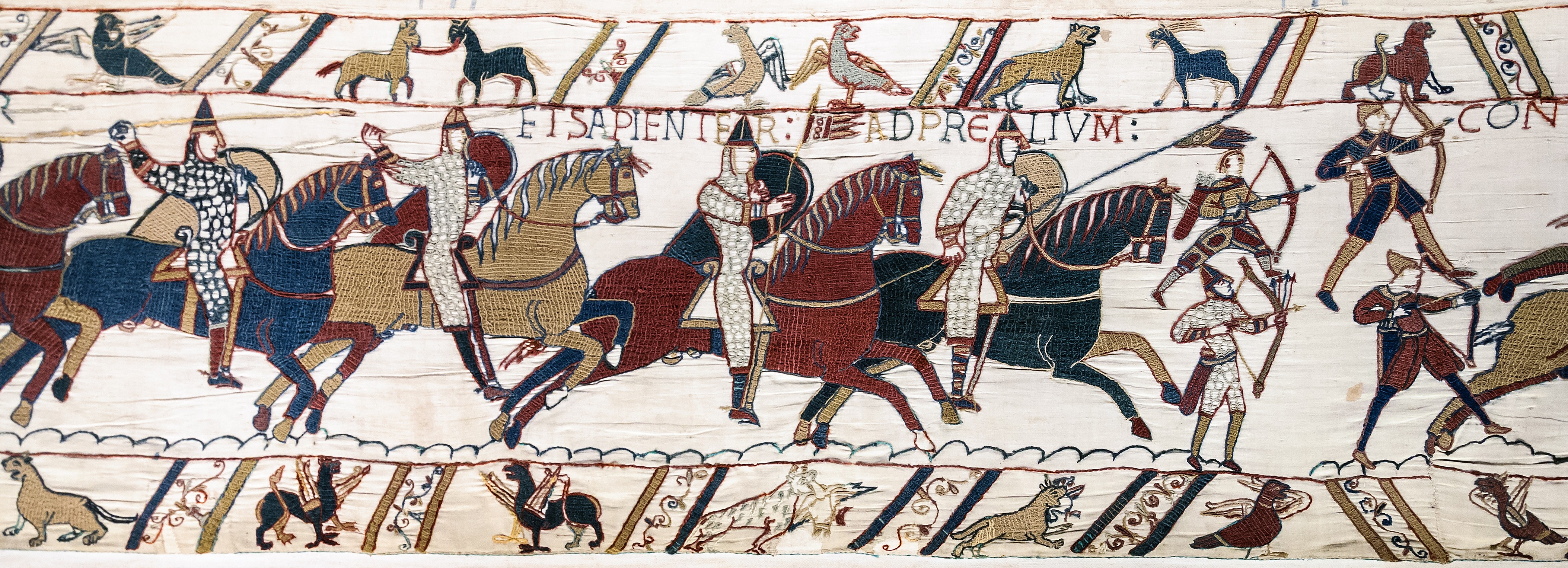 Norman Knights and Archers ride forth into The Battle of Hastings, as depicted in Scene 51 of the Tapisserie de Bayeux (1070)  