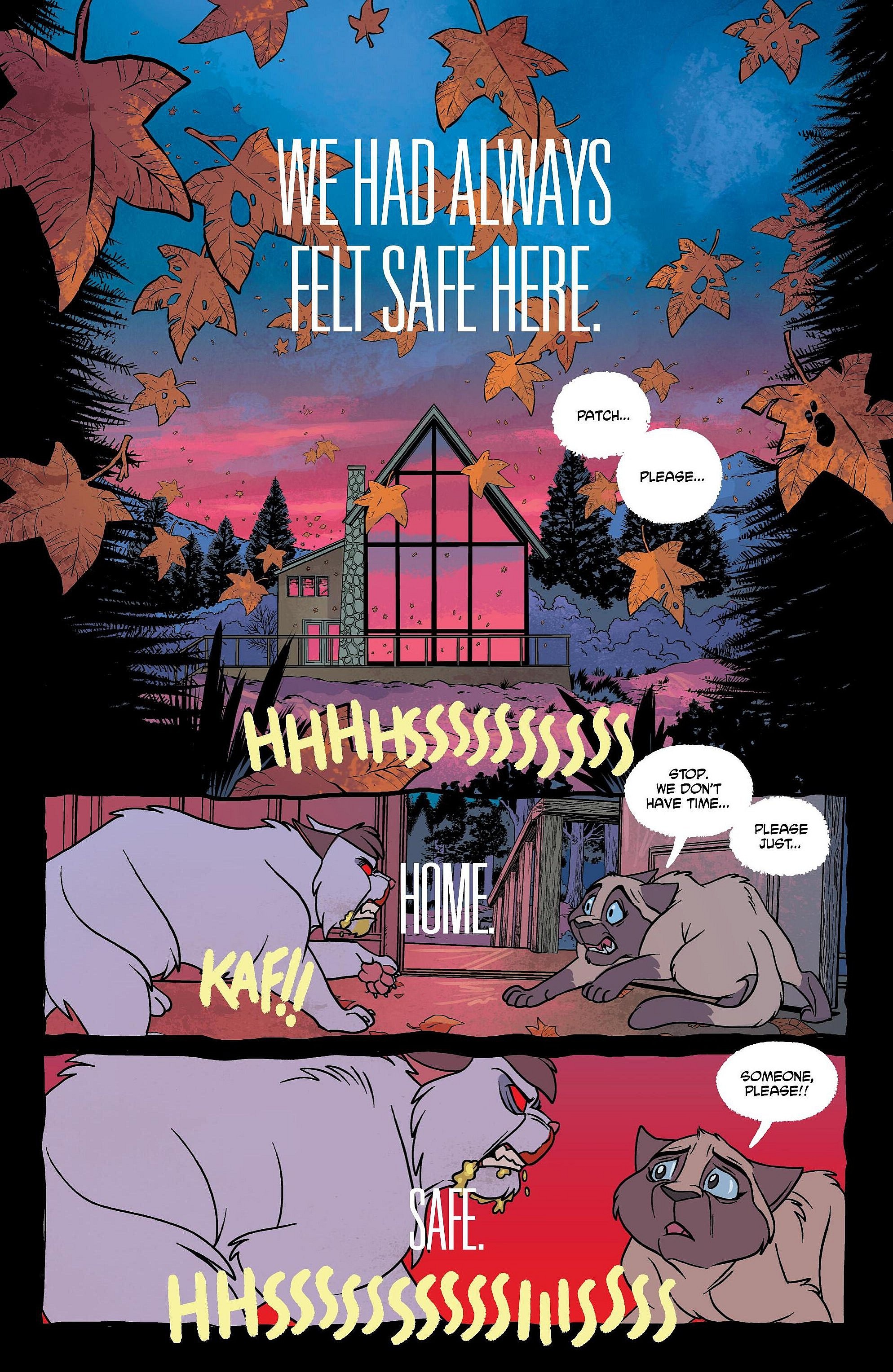 Elsie doesn't seem to be very pleased with Patch's new look in Feral #5 (2024), Image Comics. Words by Tony Fleecs, art by Trish Forstner, Tone Rodriguez, and Brad Simpson.