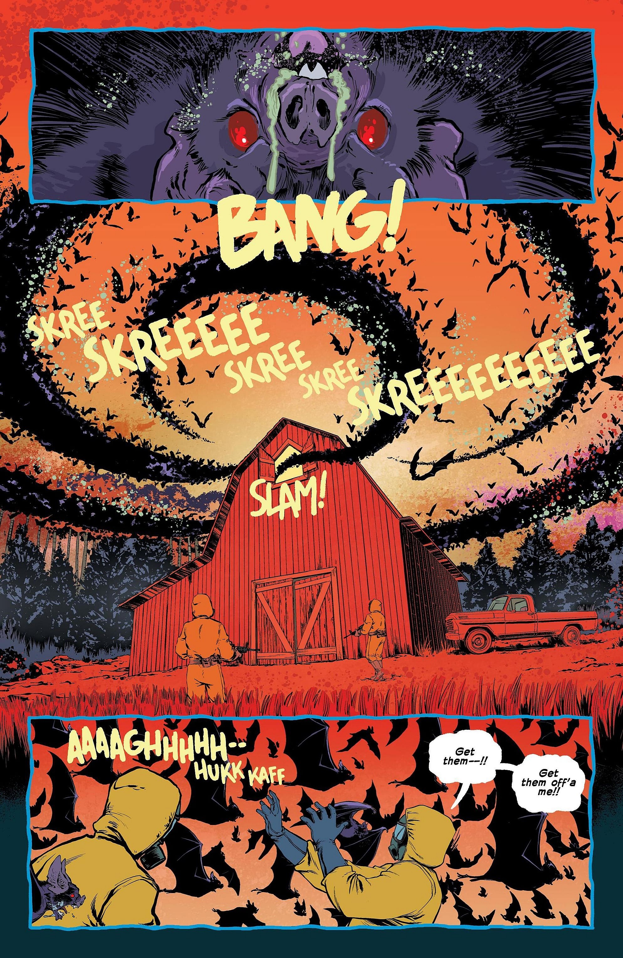 Elsie, and GiGi (off panel) hit the bat signal to ward off a host of trigger-happy bipeds in Feral #5 (2024), Image Comics. Words by Tony Fleecs, art by Trish Forstner, Tone Rodriguez, and Brad Simpson.