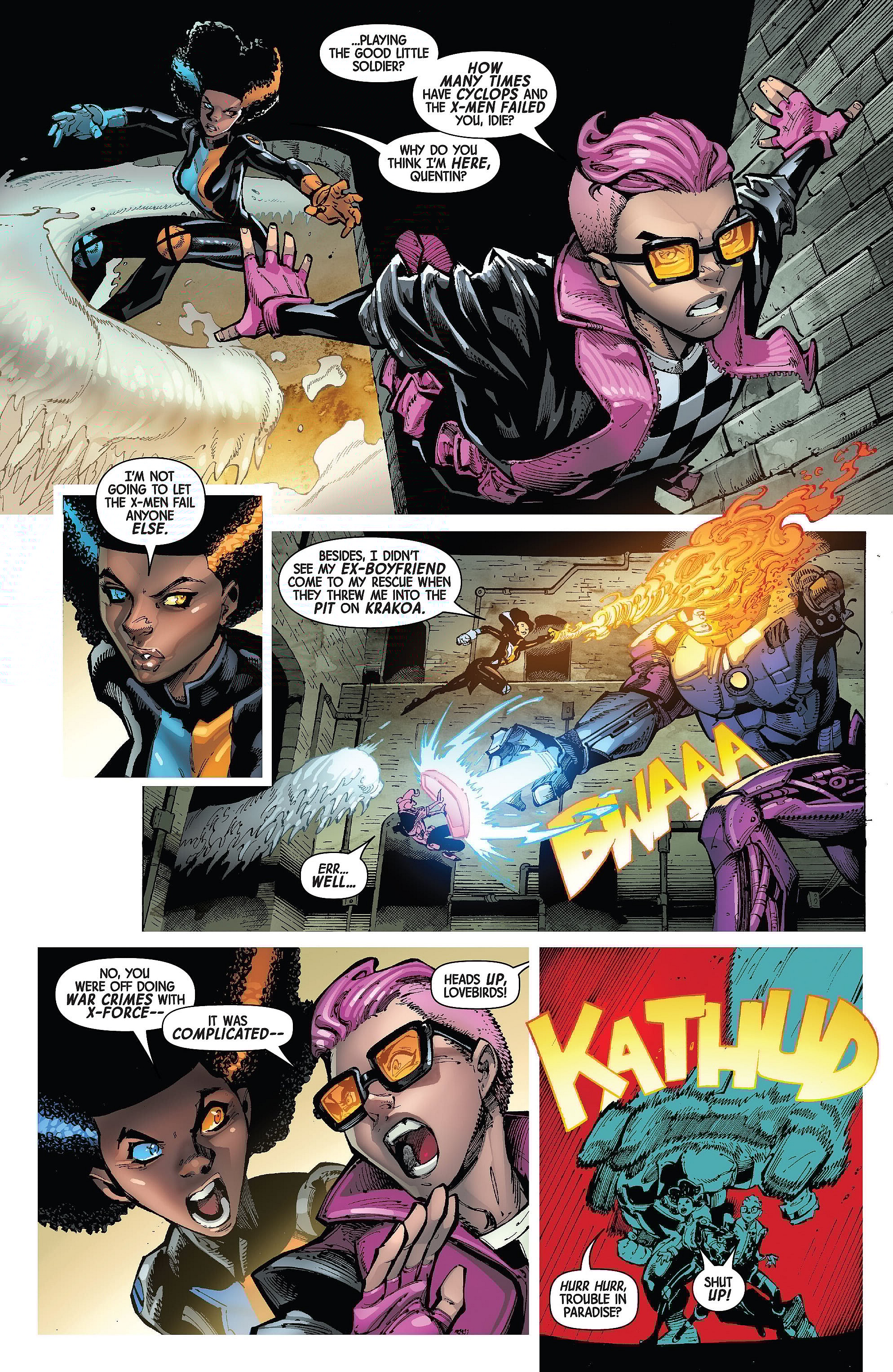 Quentin Quire and Idie have a lovers quarrel in X-Men Vol. 7 #1 "Fire-Baptized Species" (2024), Marvel Comics. Words by Jed MacKay, art by Ryan Stegman, JP Mayer, Marte Gracia, and Clayton Cowles.