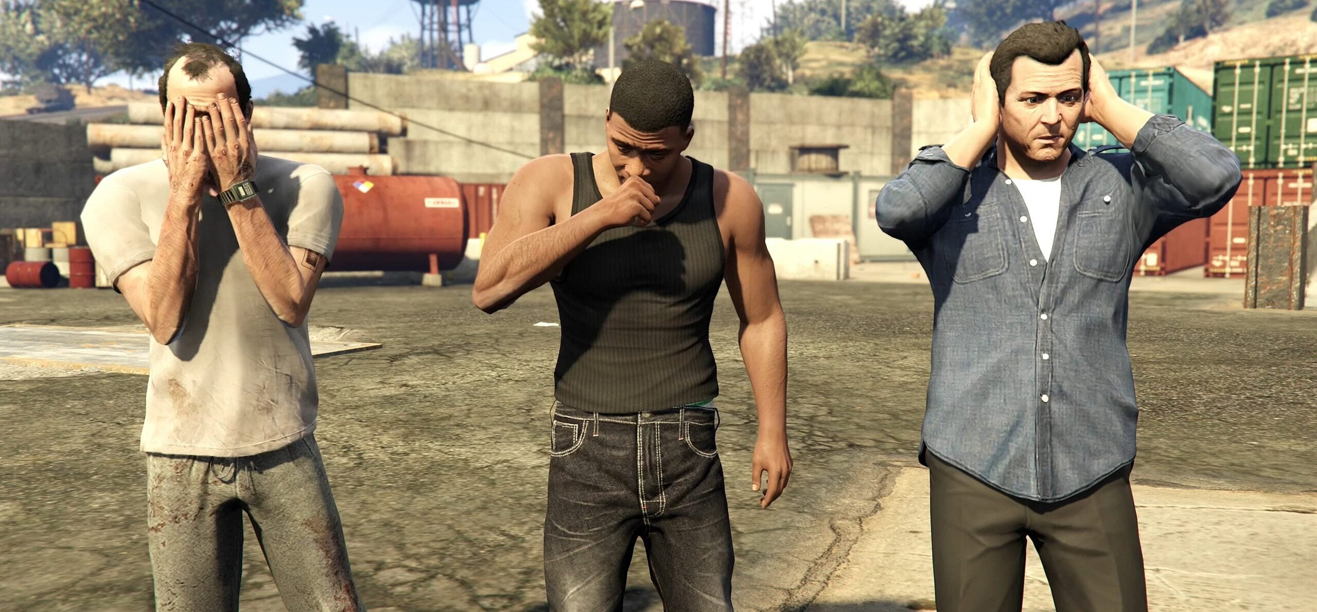 Trevor (Steven Ogg), Franklin (Shawn Fonteno) and Michael (Ned Luke) are shocked to learn that the US Government is corrupt in Grand Theft Auto V (2013), Rockstar Games