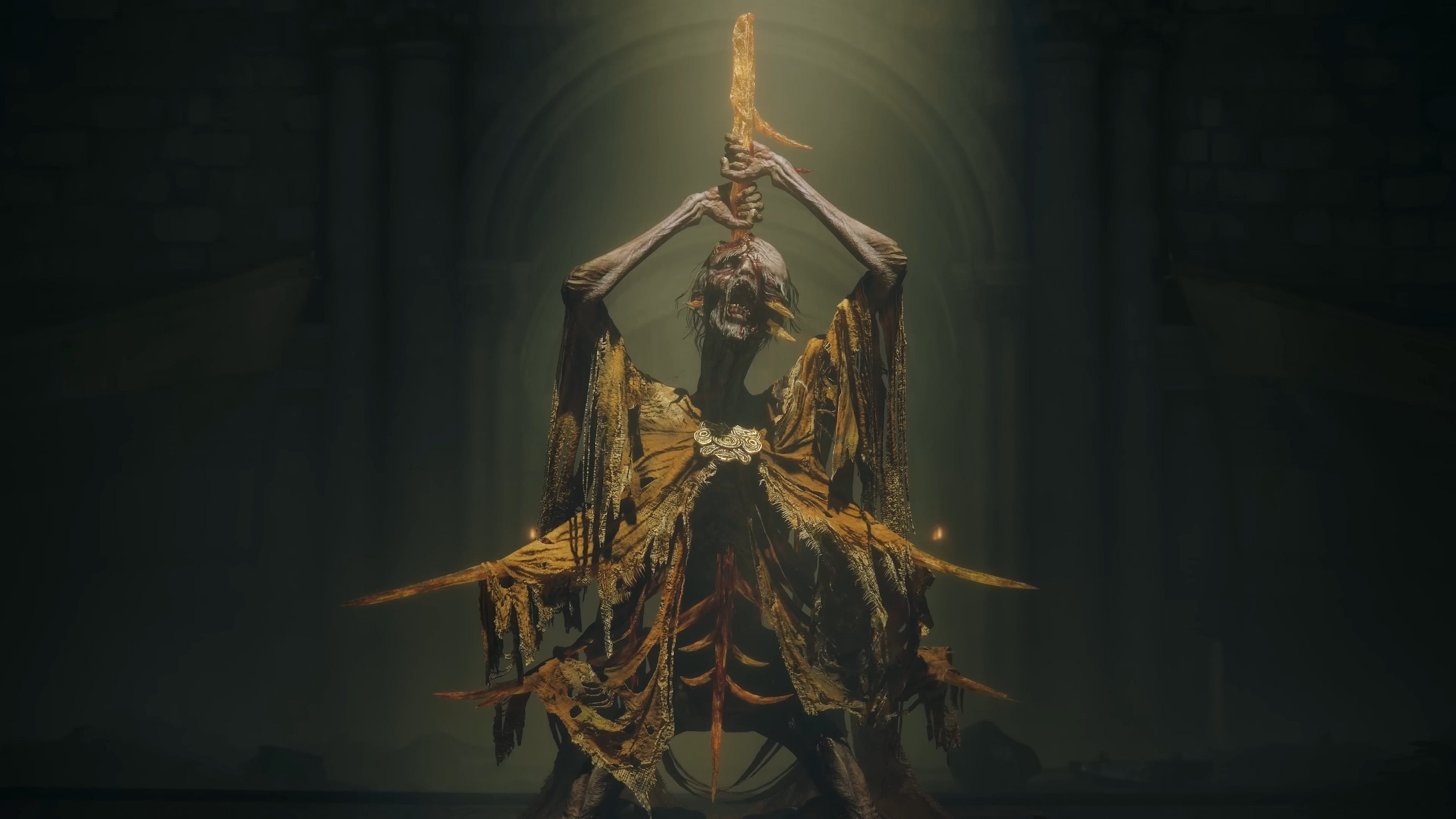 An undead attempts to remove a blade from his eye in  in Elden Ring: Shadows of the Erdtree (2024), FromSoft