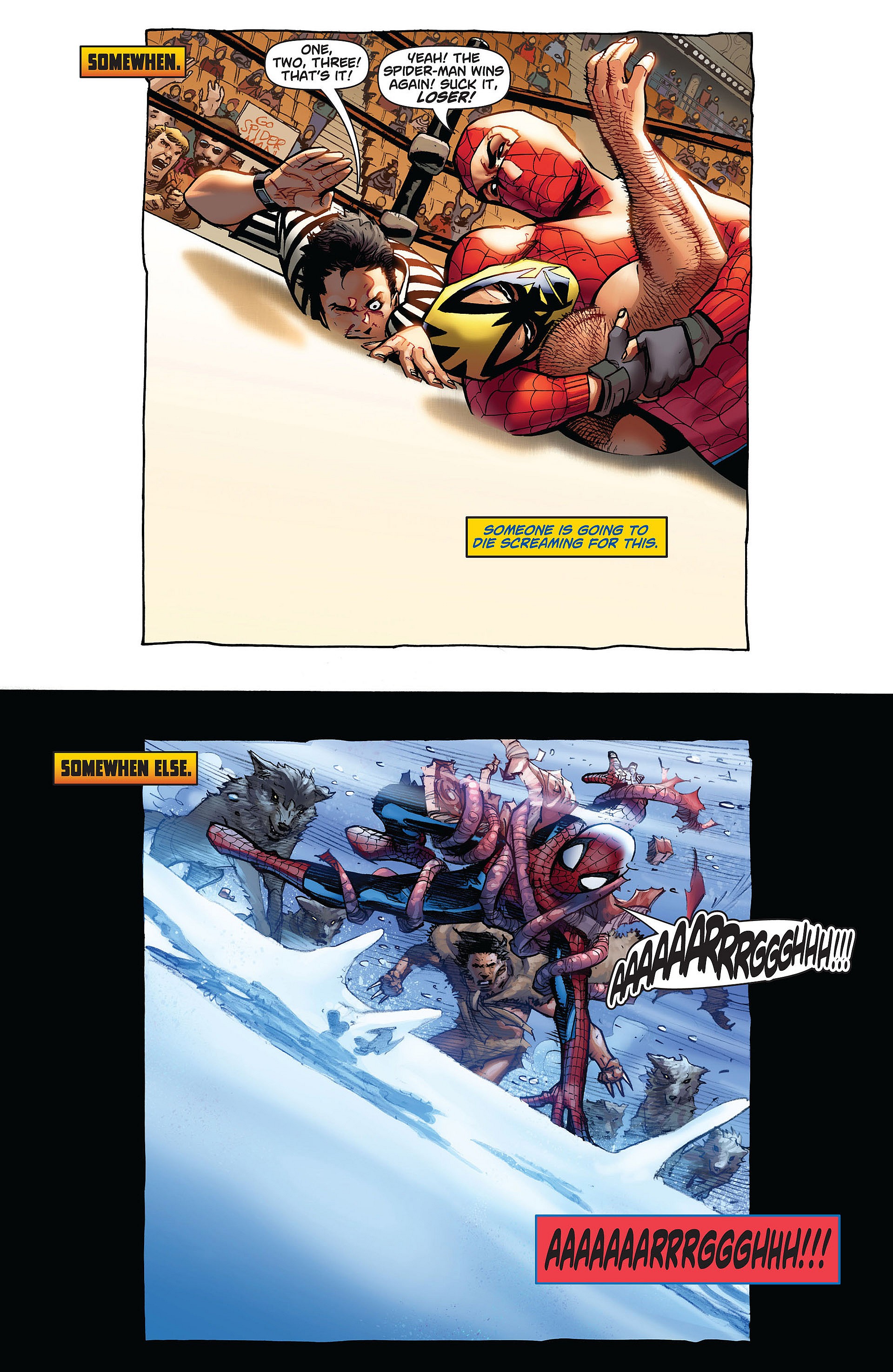 Peter and Logan pays a visit to the other's past in Astonishing Spider-Man & Wolverine Vol. 1 #4 "Another Fine Mess, Part Four" (2011), Marvel Comics. Words by Jason 